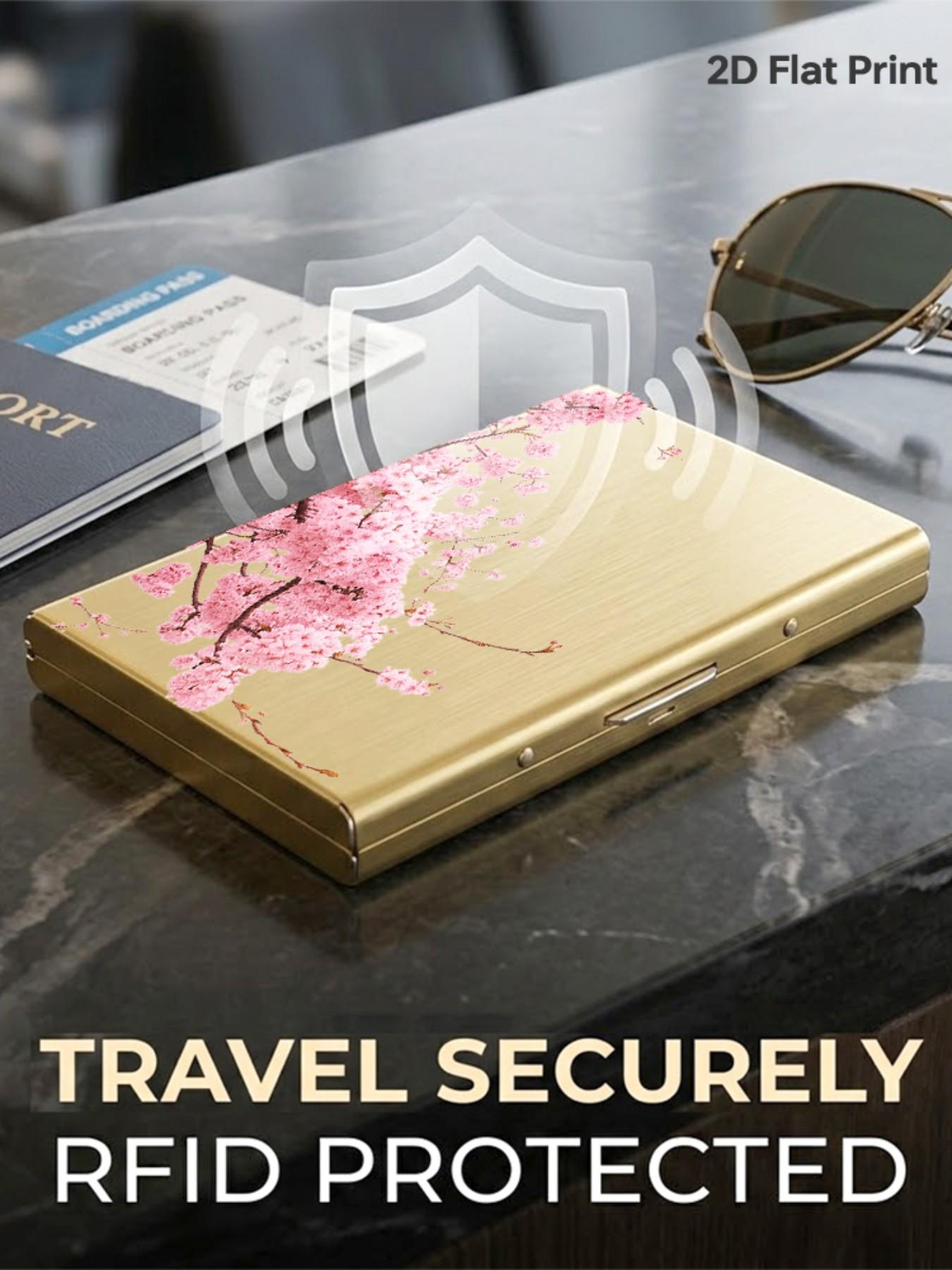 Cherry Blossom Pattern Rfid Metal Card Holder, Multi-Layer Stainless Steel Design, Ultra-Thin Magnetic Closure, Perfect Gift for All Seasons, Magnetic Card Holders