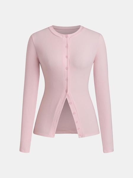 Women's Casual Round Neck Long Sleeve Button Front Top, Basic Solid Color Design, Extended Length, Perfect for Daily Wear, Womenswear