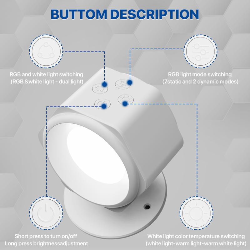 GLITGATE Wireless Wall Lamp, Magnetic Rechargeable RGB light, Remote and Button Control Wall Sconce,Adjustable Night Light, Book Lights for Bedroom,living room,Kids Study,Display Wall,Hallway,Kitchen,Stair,Basement