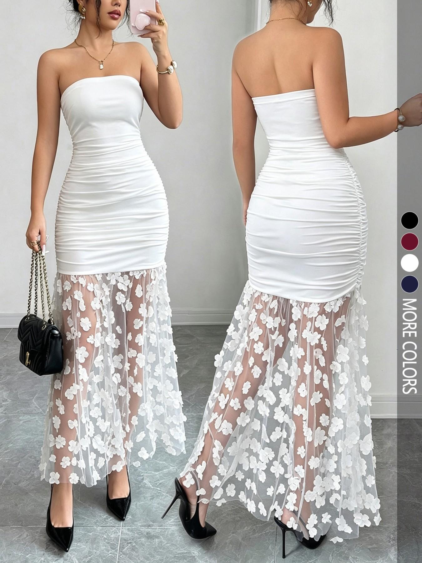 Strapless Solid Color Floral Sheer Slimming Evening Party Wear Gown, Sexy Sheer Mesh Hem Bodycon Dress for Women
