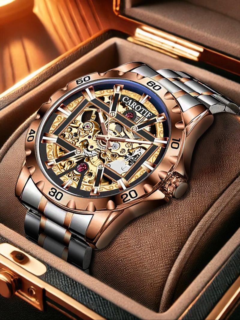 Men's Business Fashion Round Dial Analog Watch, Mechanical Style Watches, Fashion Watch for Party, Daily Clothing Decor, Trendy All-match & Exquisite Watch for Birthday Gift with Box