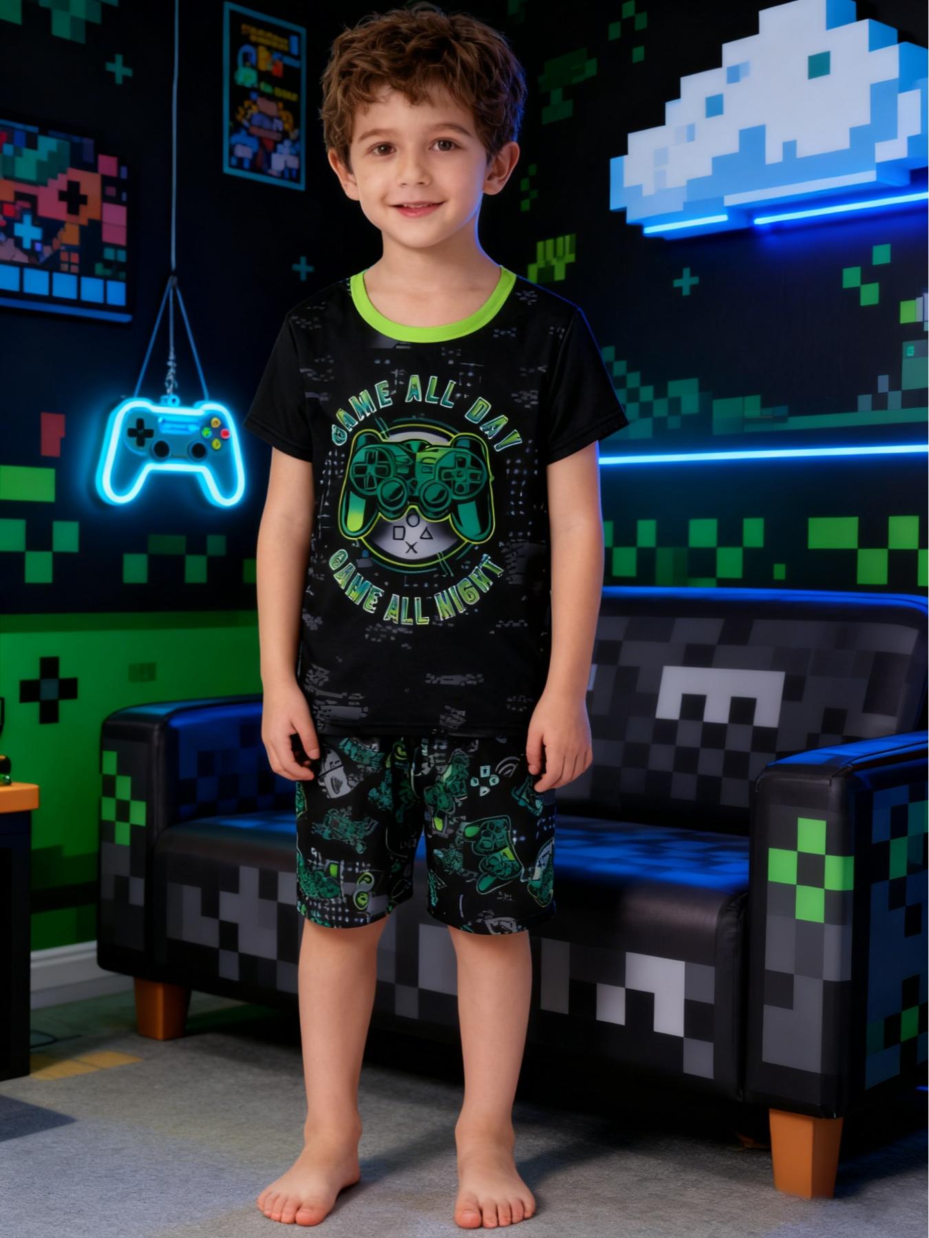Boy's Junior Cartoon Soccer Print Short Sleeve Tee & Shorts PJ Set, Casual Comfy Round Neck T-shirt & Shorts PJ Set, Kids Sleepwear for Summer, Pajama Sets