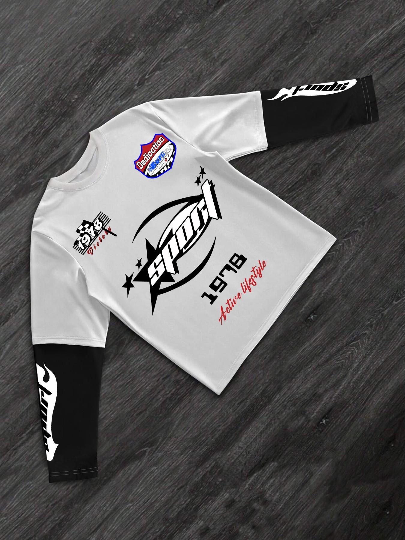 Men's New Spring Autumn Long Sleeve Patchwork Motorcycle Badge Print Casual Fitted Short Top, Unisex Fashion Tee, Streetwear, Menswear