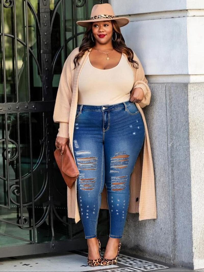 Plus Size High Waisted Denim Jeans, Stretchy Washed Casual Fashion Skinny Fit, Ripped Design, All Seasons Wear, Sizes 5xl-8xl Plus Size High Waisted Denim Jeans, Stretchy Washed Casual Fashion Skinny Fit, Ripped Design, All Seasons Wear, Sizes 5xl-8xl