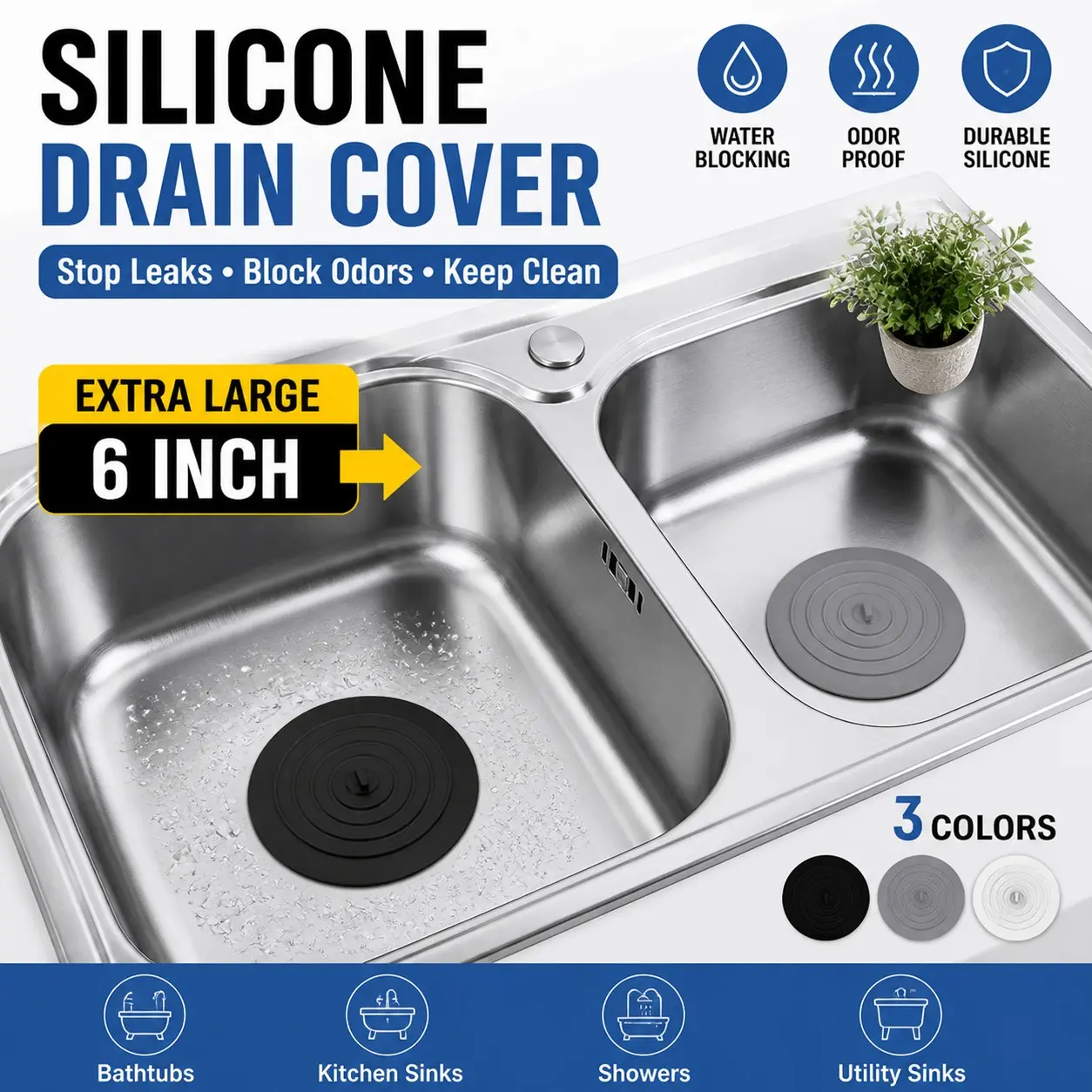 Large Silicone Sink Plug, Drain Cover for Bathtub, Odor-Proof Suction Cup Water Stopper, Bathroom Accessories, Daily Use