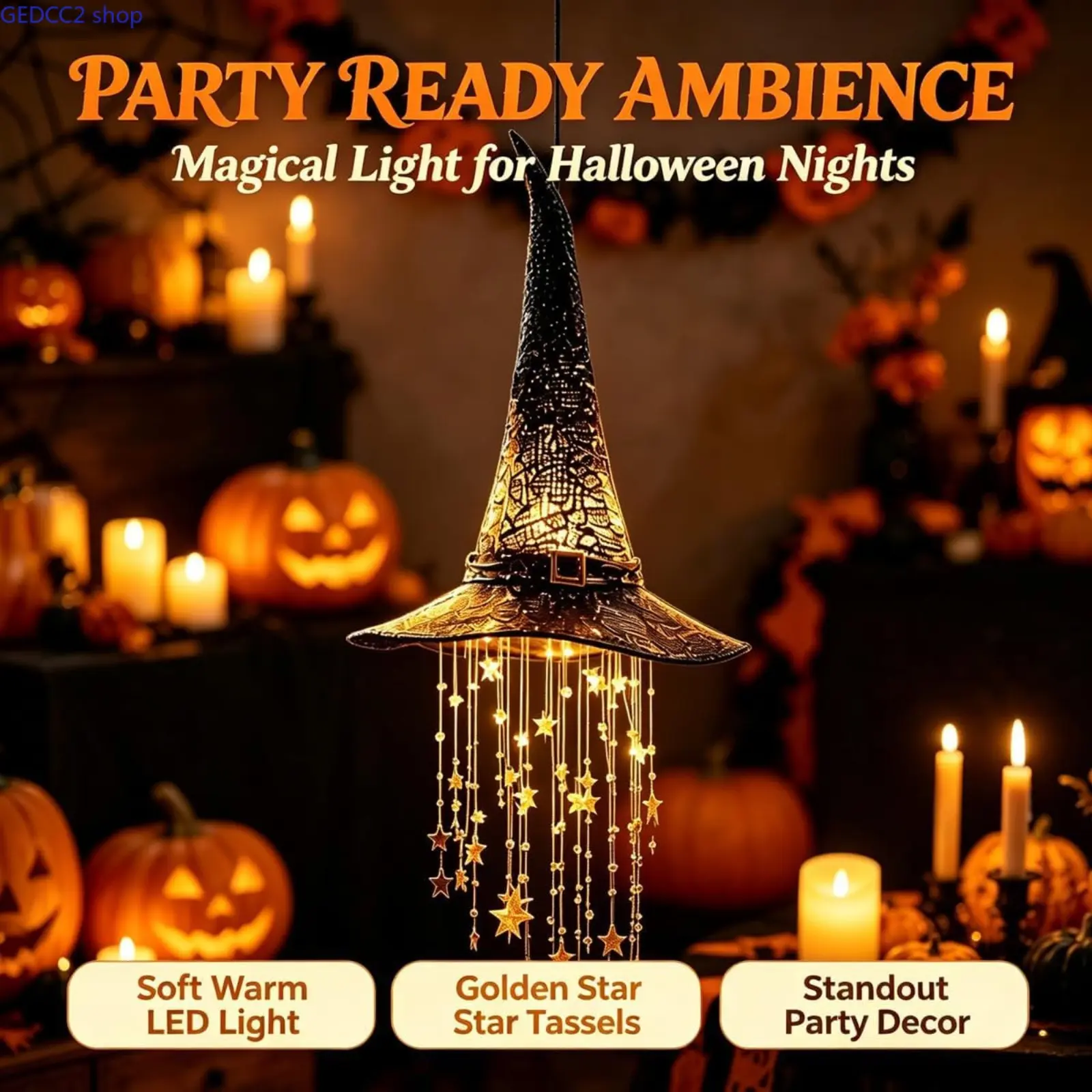 Glowing Light Outdoor Witch Hat Wind Chime, Hanging Ornament for Porch, Garden, Holiday Decor (Sports & Outdoor-Camping & Hiking-Hammocks Accessory)