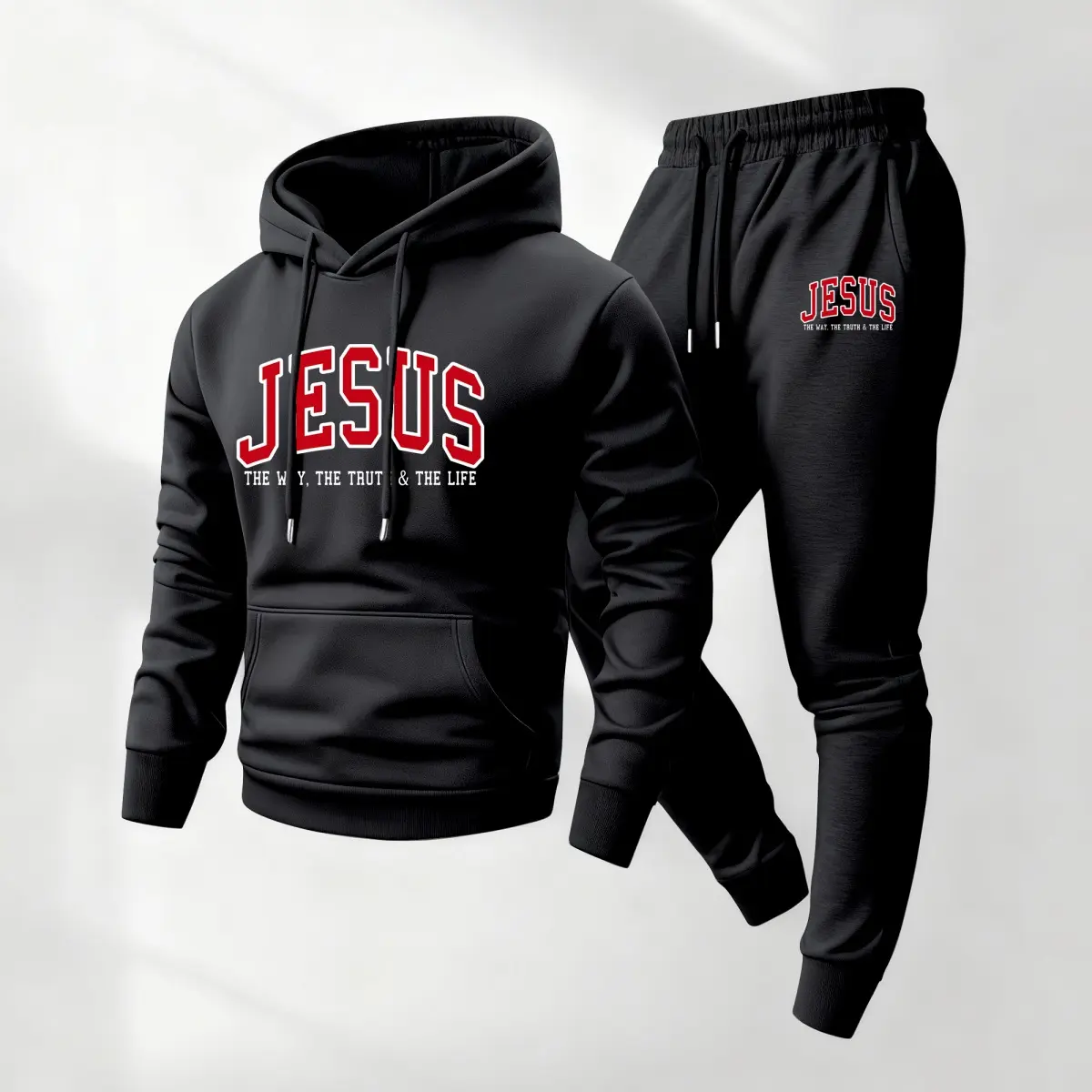 Men's Jesus Print Hoodie and Drawstring Sweatpants Set,Menswear,Casual Athletic Long Sleeve Hooded Jacket & Trousers for Fall & Winter,Men's Clothing for Daily Wear,Sportswear Indoor Outdoor,Tracksuit, Athleisure Summer Clothes