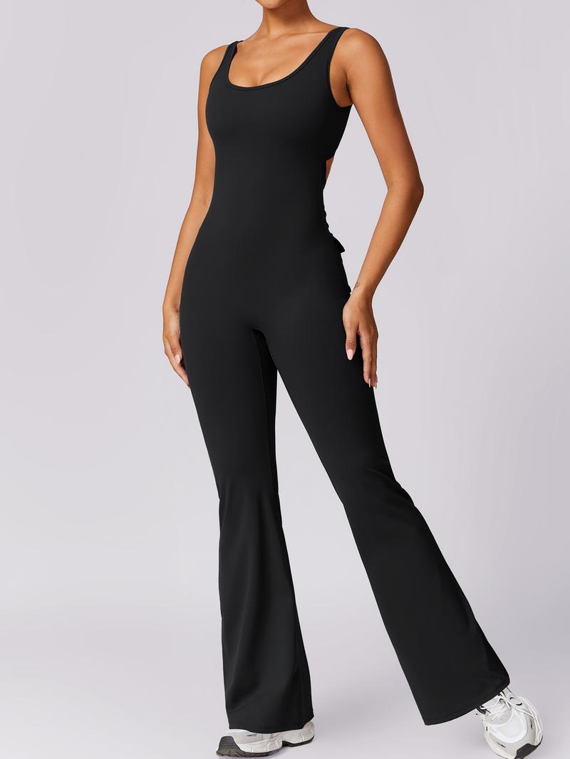 NcmRyu Women's Sleeveless Square Neck Open-Back Flare Jumpsuit - Buttery-Soft 4-Way Stretch Cargo Ruched Sculpting Trendy Activewear Workout Gym Clothing Workout Apparel jumpsuits for women