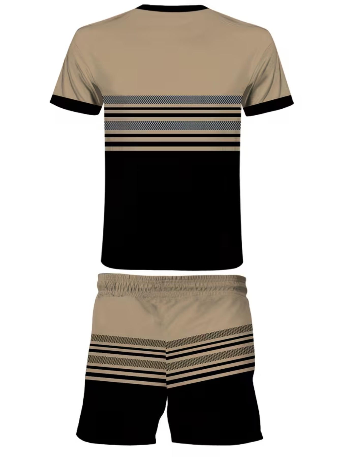 Men's Summer Casual Two-Piece Set, Round Neck Short Sleeve T-Shirt & Drawstring Pocket Shorts, Stretch Knit Fabric, Outdoor Sports