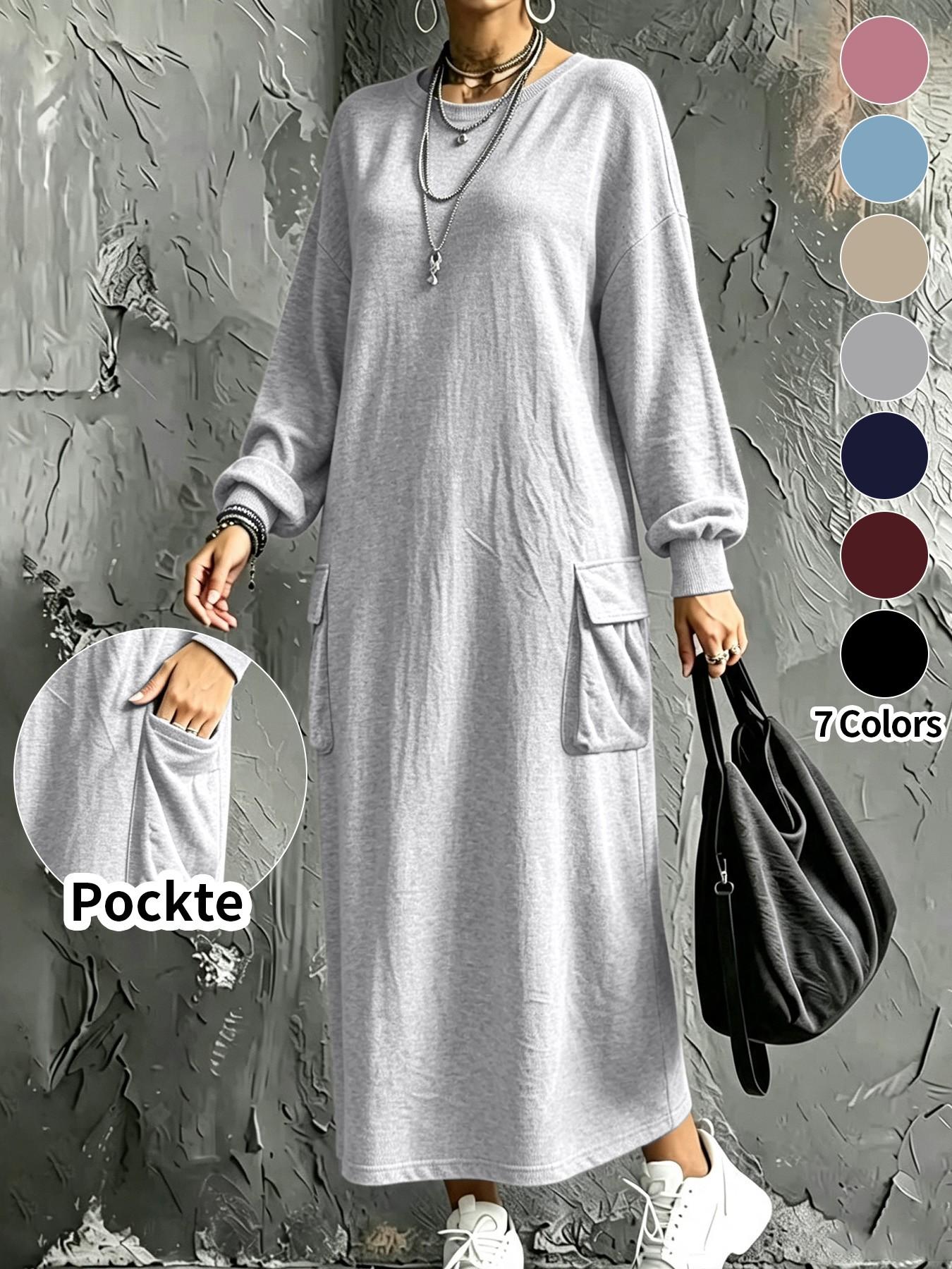 Plus Size Women's Casual Workwear Pocket Sweatshirt Dress, Long Sleeve Hiding Belly Lazy Girl Dress, Daily Home Outdoor Wear Basic