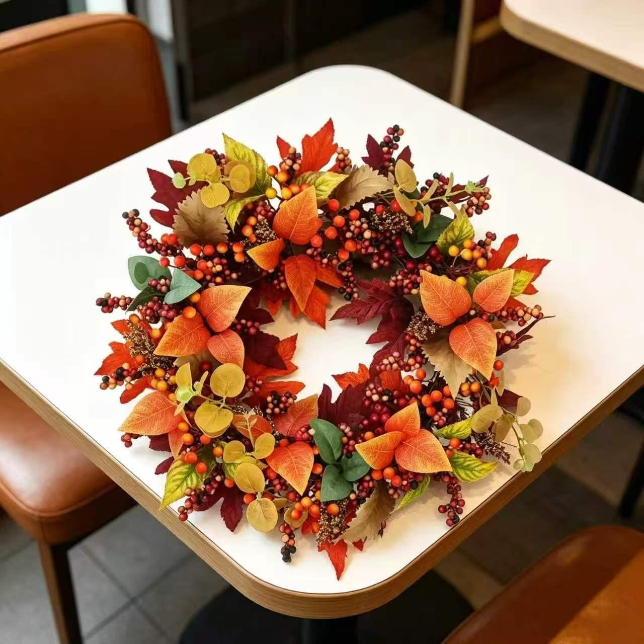 Vibrant Autumn Artificial Wreath, Maple Leaves with Mixed Berries, Rustic Thanksgiving and Fall Porch Decor