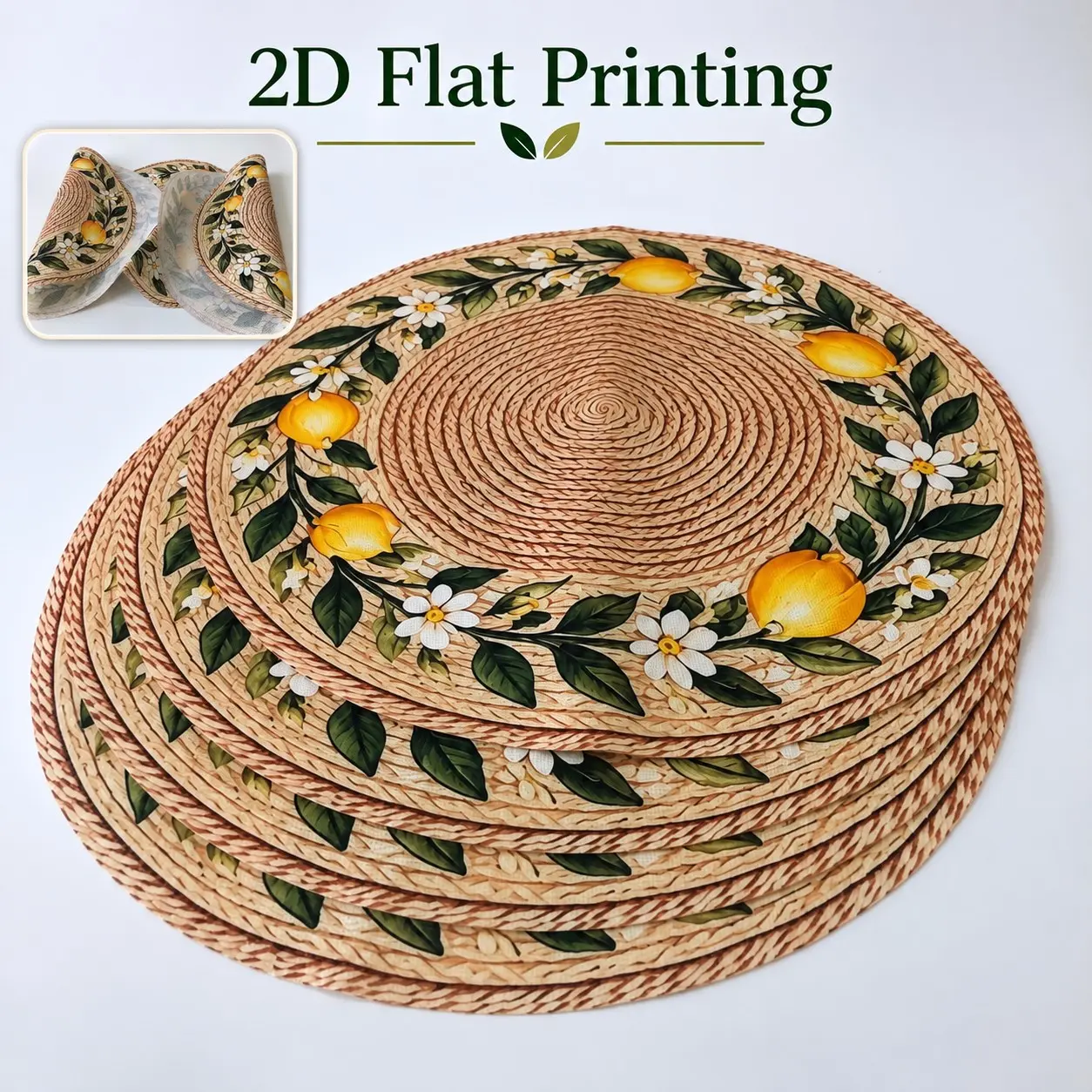 4-Piece 2D Print Place Mats, Mimic Woven Lemon Flower Round Insulating Mat, Bowl Mat, Table Mat, Polyester, Home Decor, Wedding, Party, Table Placemats