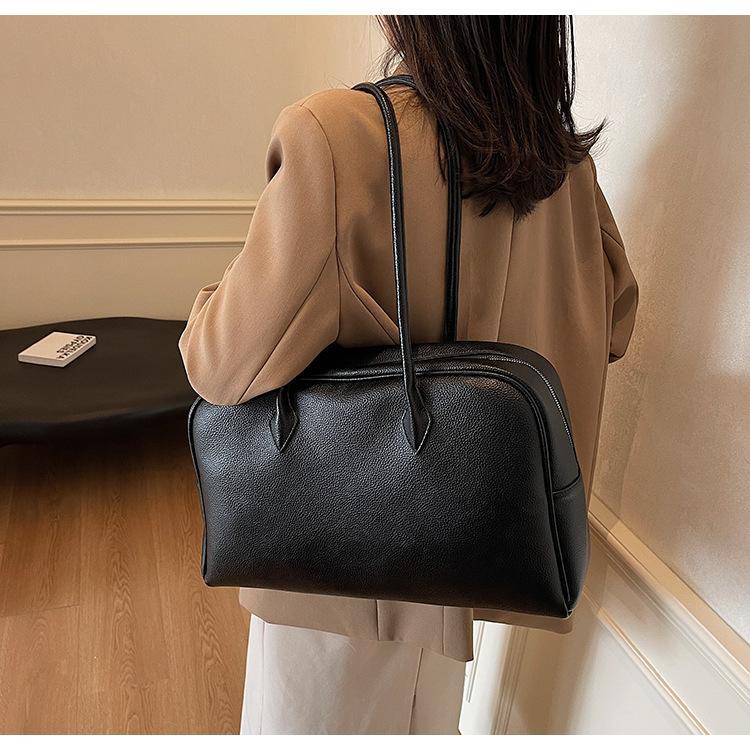 Women's Lychee Grain PU Leather/Nylon Pillow Tote Bag - Preppy Plaid/Plain, Chic Elegant Retro Large-Capacity Soft Shoulder Handbag with Adjustable Strap, Casual Wear Daily Shopping Use, Women's Gift