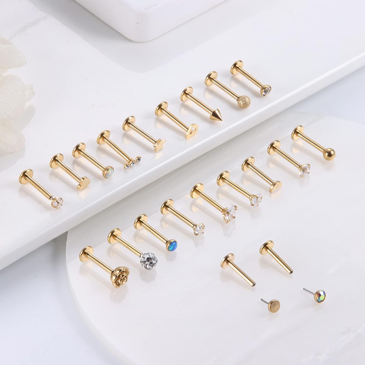 Fansilver 16G Threadless Push-in Lip Ring - Stainless Steel Tragus Helix Earrings Studs Nose Ring for Women Men - Labret Jewelry Monroe CZ Medusa Cartilage Piercing 8mm