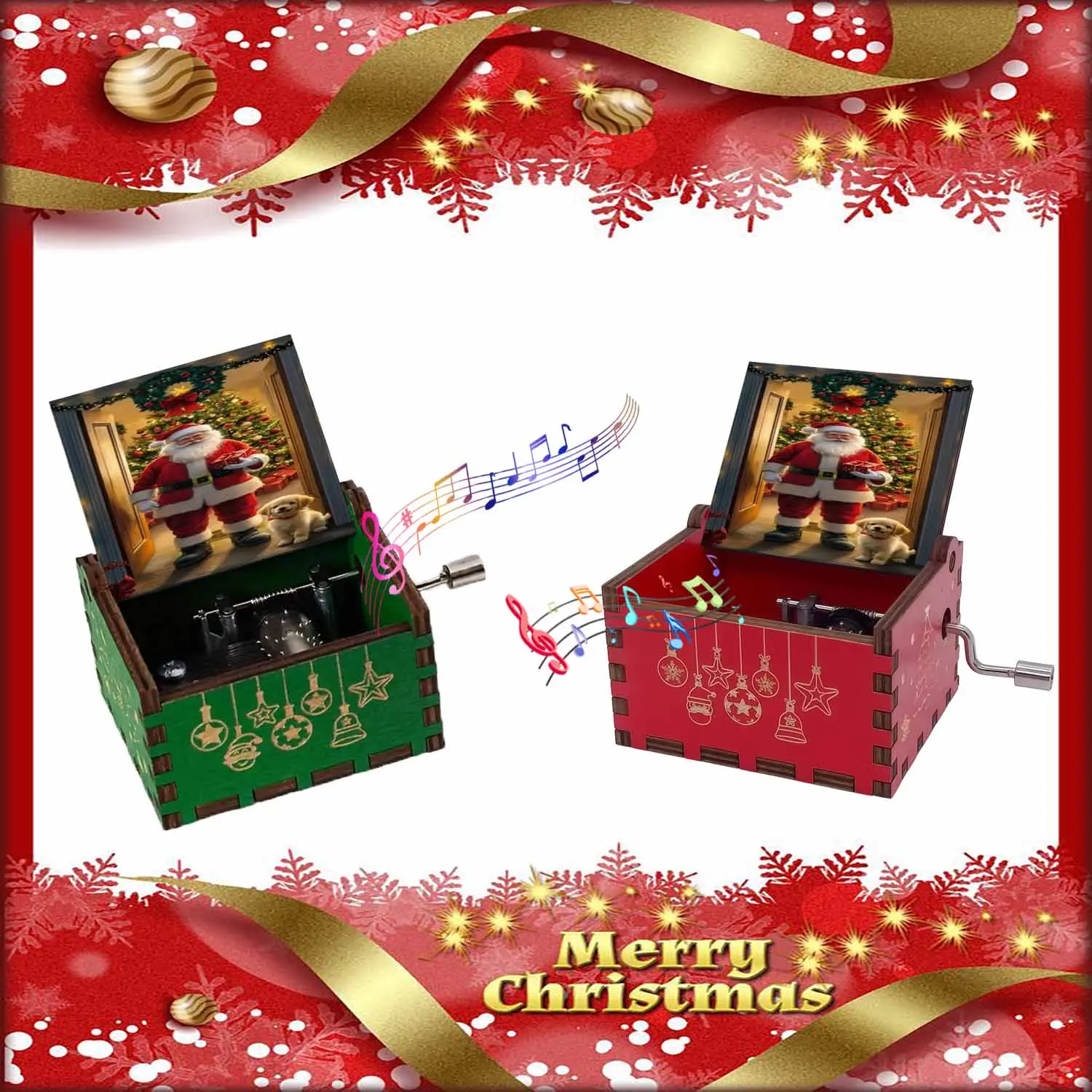 1pc Vintage Wooden Hand-Cranked Music Box, Cheerful Santa with Festive Wreath pattern, Christmas Gift for Family and Friends, Ideal for Birthdays, Christmas gifts, New Year's gift, Home Decor It