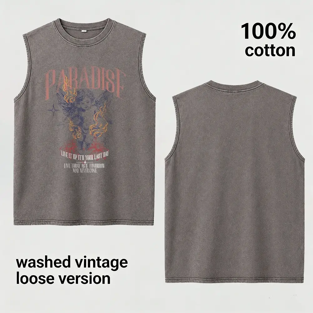 Men's 100% Cotton Vintage Washed Oversized Casual T-Shirt, Paradise Flame Cherub Angel Graphic Sleeveless Loose-Fit Menswear Vest, Outdoor Retro Streetwear Summer Top, Perfect Gift For Him, Distressed
