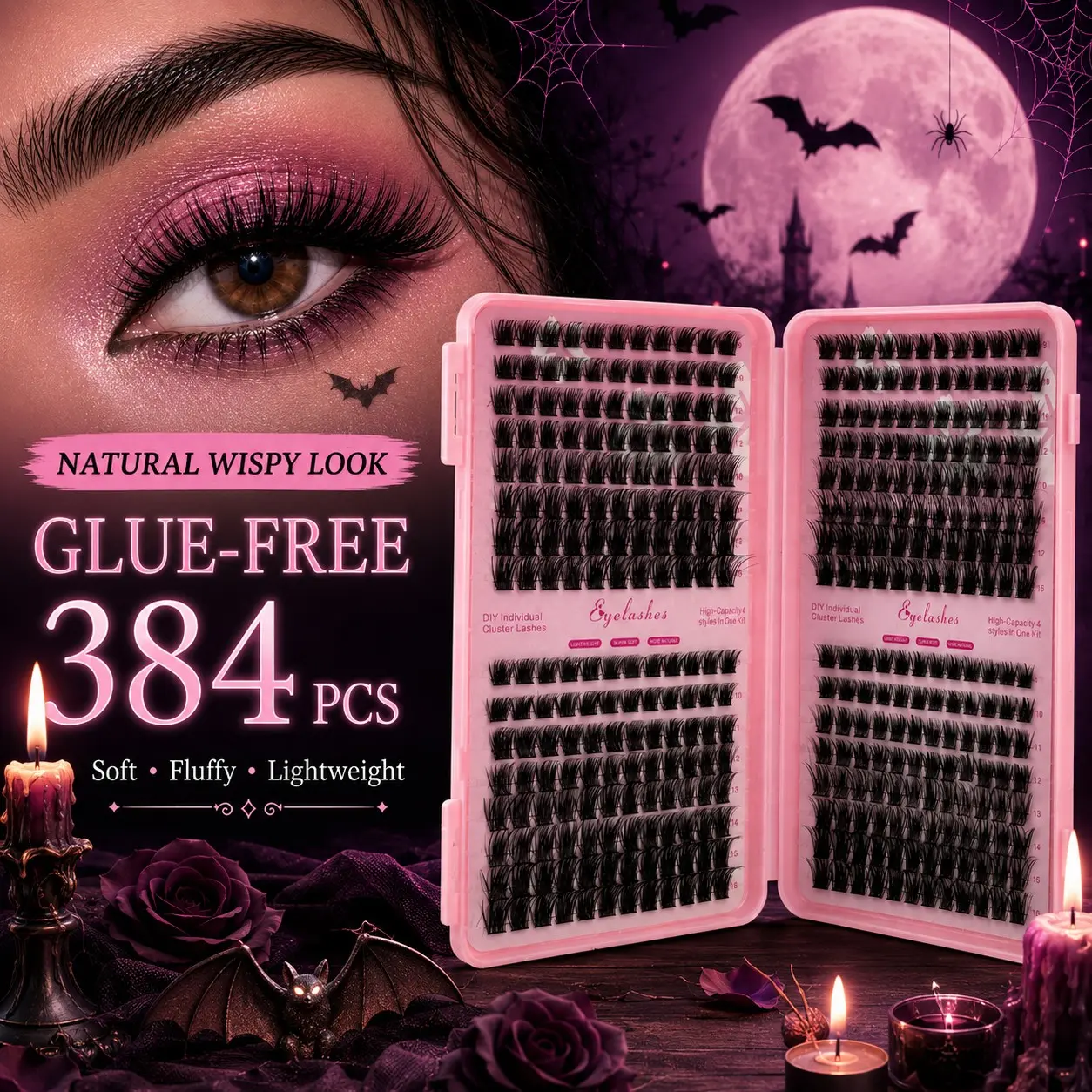 384 clusters Self-Adhesive False Eyelashes, Halloween Limited Edition, Soft Fiber, Easy Removal, Portable Case, DIY Eye Makeup