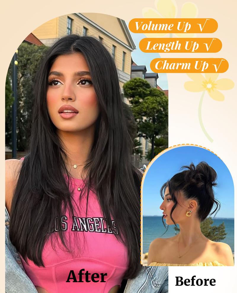 [AISI HAIR] Black Wig With Bangs Wear and Go Glueless Synthetic Lace Front Highlight Wigs for Women Pre Plucked Pre Cut Layered Black Wig Ready to Wear Middle Part 24 Inch