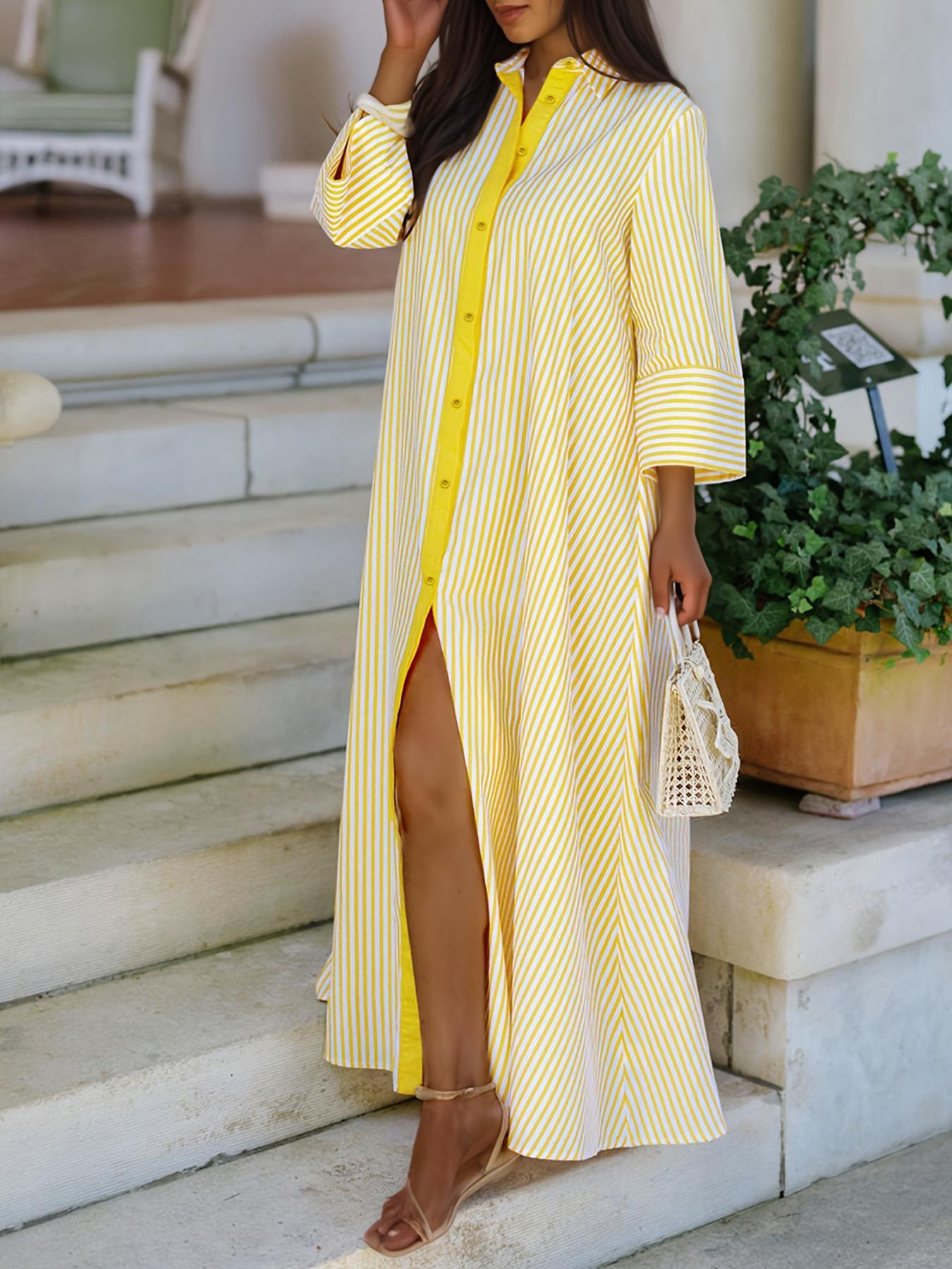 Elegant Women's Loose Collared Button Front Striped Shirt Dress, Perfect for Office and Casual Occasions, Stylish and Comfortable Spring Wear, Boho Summer Dresses Style Womenswear, Chic Dress Elegant Women's Loose Collared Button Front Striped Shirt Dress, Perfect for Office and Casual Occasions, Stylish and Comfortable Spring Wear, Boho Summer Dresses Style Womenswear, Chic Dress