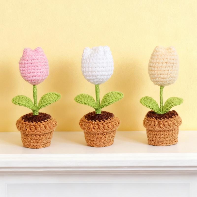 Sunflower Design Crochet Flower Potted Plant, 3 Counts/set Cute, Home Decor Supplies for Living Room Bedroom Office, Decoration Items Indoor Flower