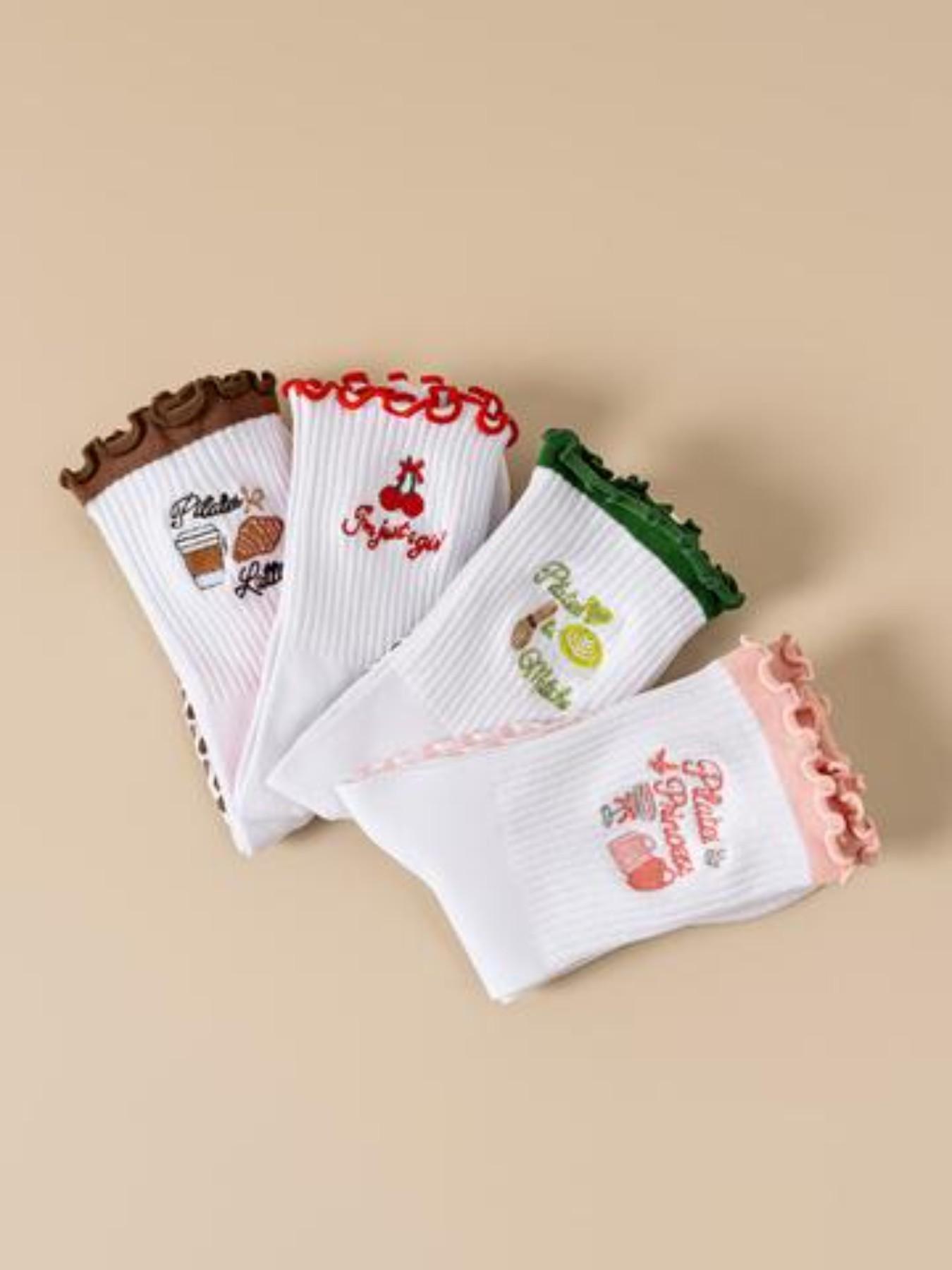 4 Pairs Women's Sports Socks, Cute Cartoon Embroidered Ankle Socks, Non-Slip Silicone Pilates Yoga Socks, Breathable Indoor Dance Socks