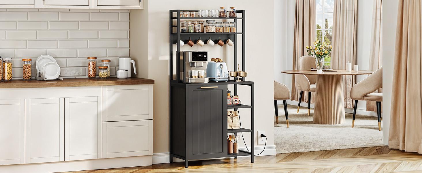DWVO Bakers Rack with Trash Can Bin Cabinet and Power Outlet, Microwave Stand Cabinet with 6 Hooks, 6-Tiers Farmhouse Kitchen Tall Thickened Coffee Bar Table,Black/White