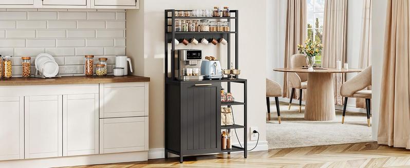 DWVO Bakers Rack with Trash Can Bin Cabinet and Power Outlet, Microwave Stand Cabinet with 6 Hooks, 6-Tiers Farmhouse Kitchen Tall Thickened Coffee Bar Table,Black/White