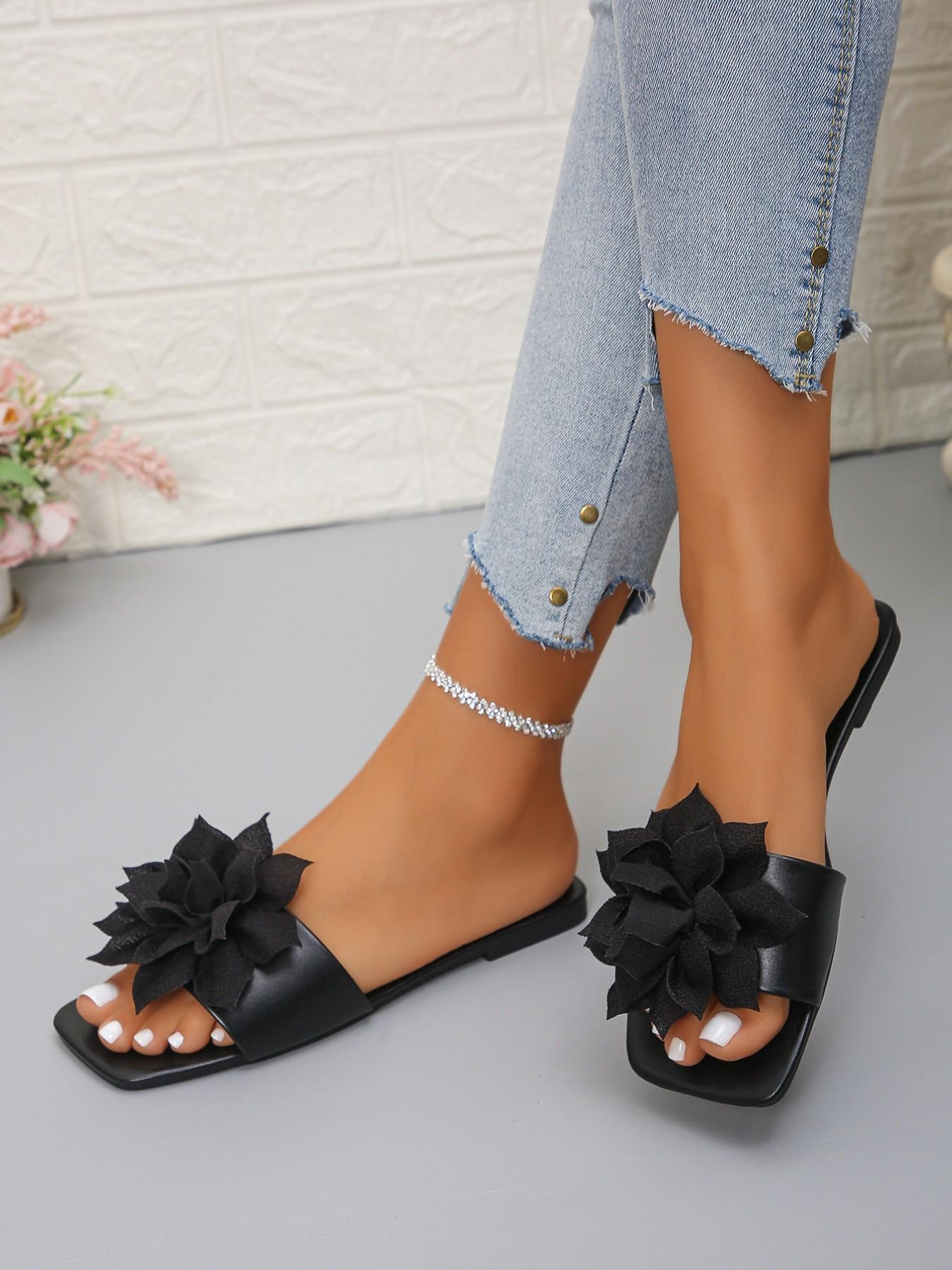 Women's 3D Flower Square Toe Slip-On Sandals, Plain PU Leather, Casual Summer Shoes, Beach, Vacation, Daily Wear, /