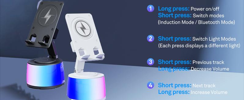 Bluetooth Speaker Phone Stand, Phone Speaker Amplifier, Stereo Sound, Adjustable Holder Wireless Induction Audio Bluetooth Speaker 5in1 Phone Holder Emergency Rechargeable with Colorful Ambient Light 300° Foldable for Tablet iPhone Android