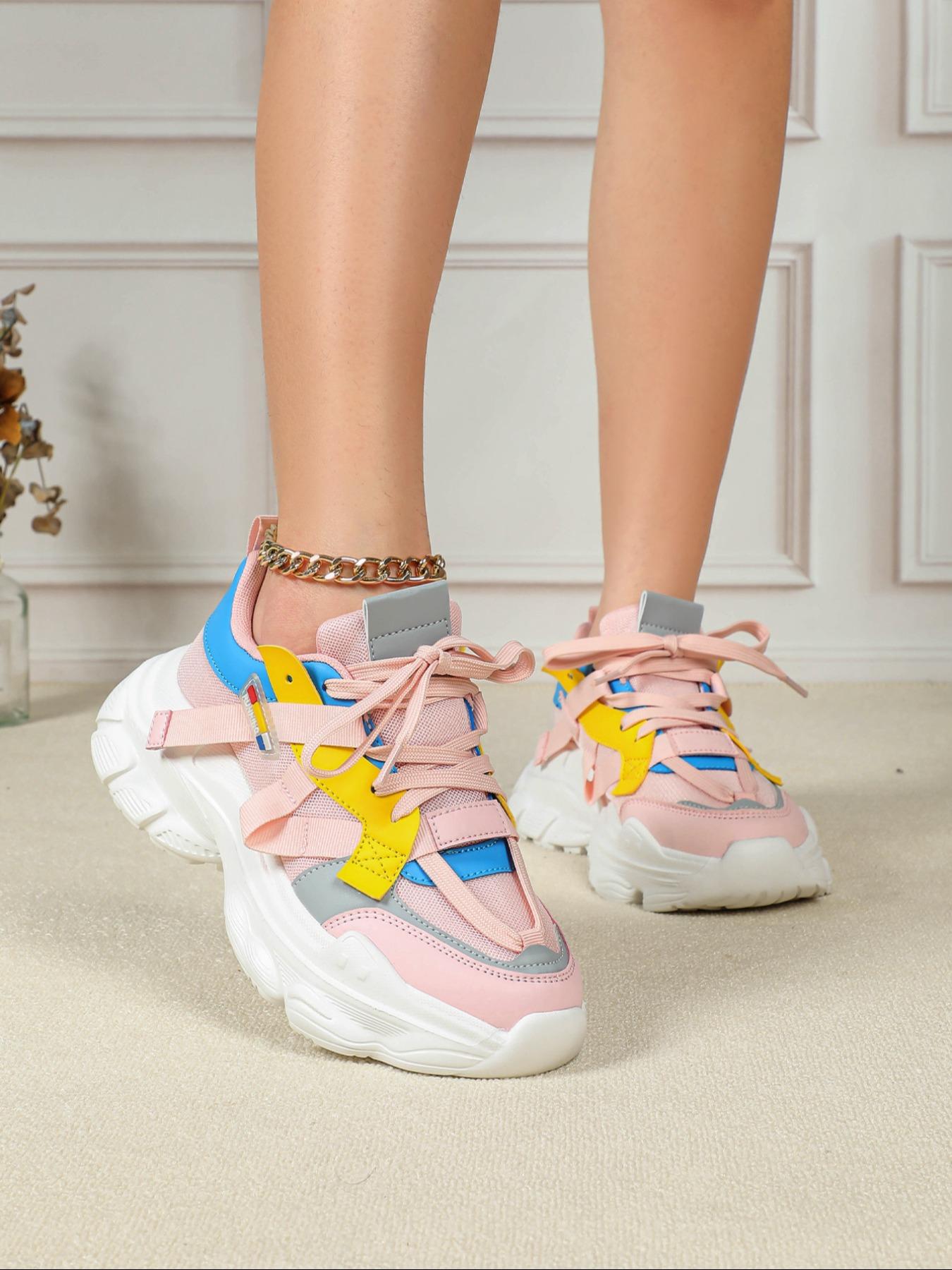 Fashionable Colorblock Lace Up Platform Sneakers, Casual Comfortable Breathable Sports Running Shoes, Female All-match Round Toe Chunky Sneakers for Daily Wear, Casual Running Footwear