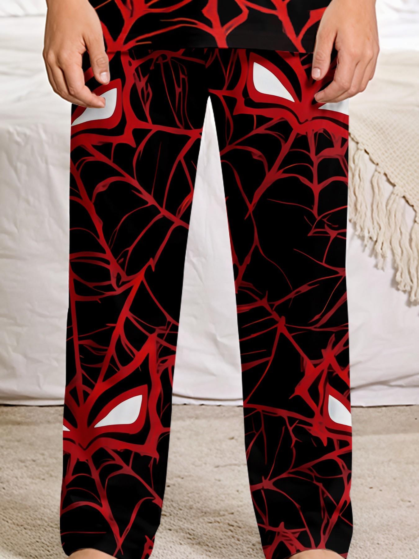 Spider Web Cool Hero 2-Piece Boys' Digital Print Short-Sleeve Pajamas with Long Sleep Pants, a stylish, trendy, casual, comfortable and soft pajama set, suitable for boys' sleep and home leisure, a perfect gift for boys