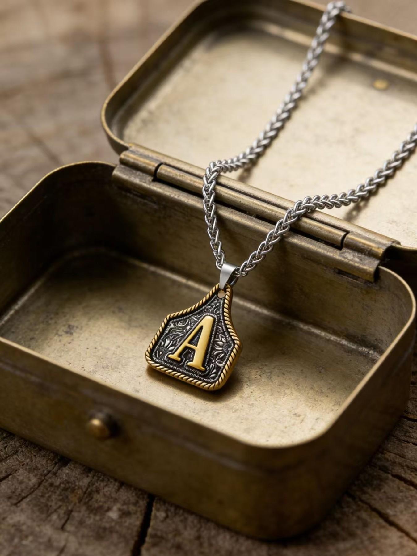 Initial Vintage Western Cowboy Letter Keychain,Handmade Metal A-Z Initial Necklace for Women and Men, Letters Necklace