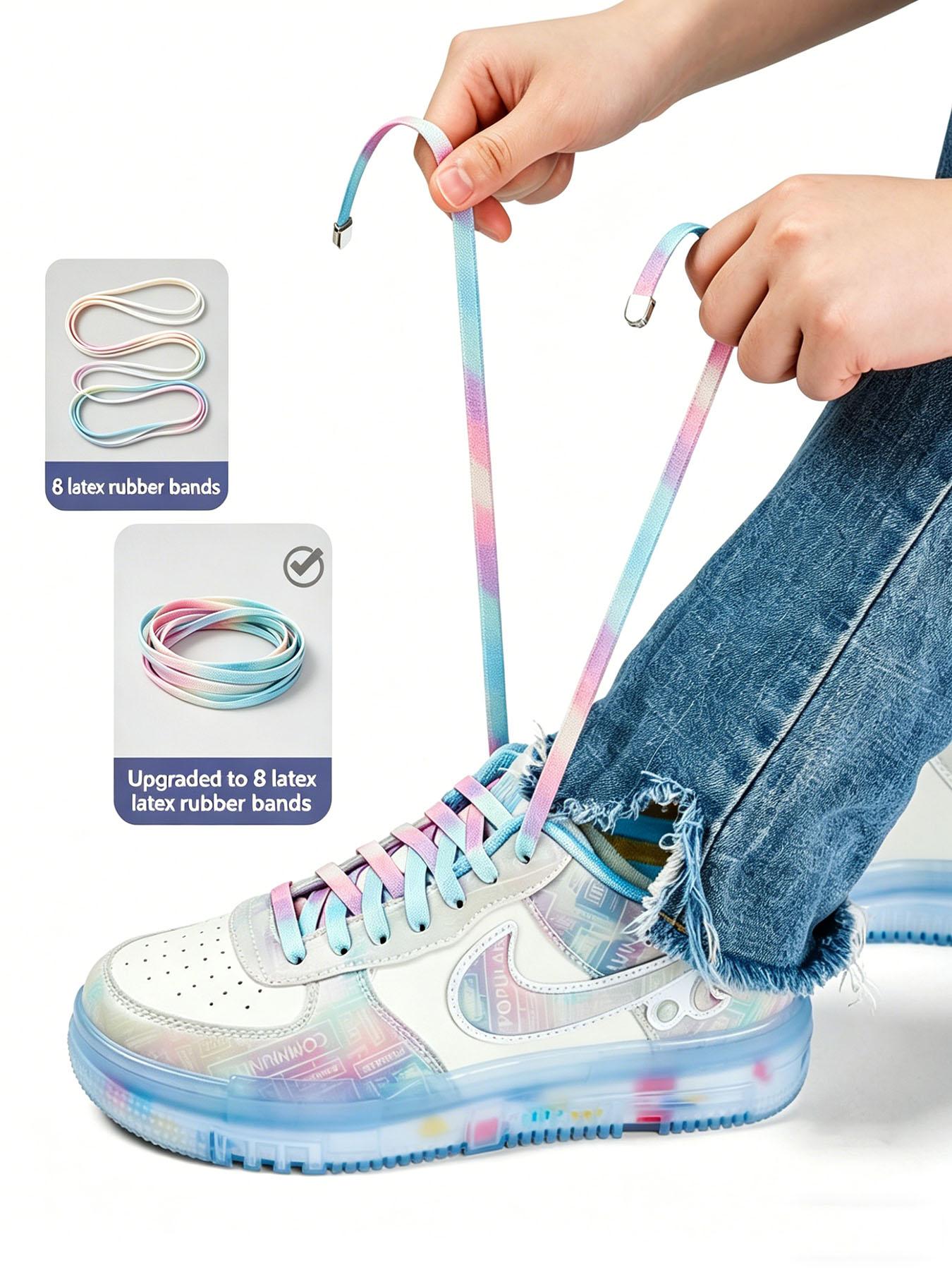 Dreamy Tie-Dye Lazy Shoelace, No-Tie Press Button, Gradient Color, Elastic Stretch, Wide Strap, for Sneakers, Dad Shoes, Sports Shoes, Commute, DIY Footwear