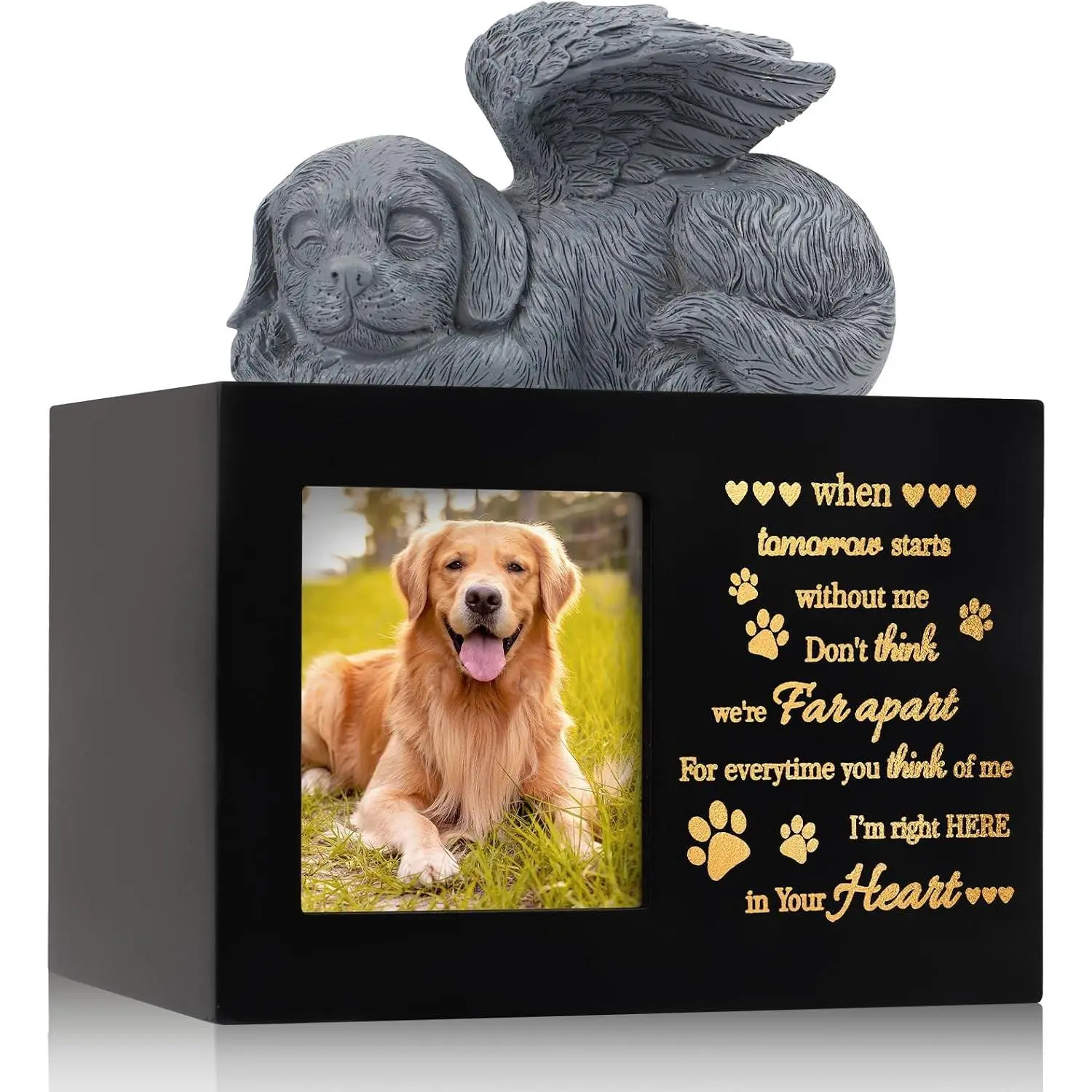 Pet Urns for Ashes, Large Wooden Pet Urns for Dog or Cat Ashes with Dog Angel, Memorial Keepsake Memory Box with Photo Frame, Loss Pet Sympathy Remembrance Gift (Black)