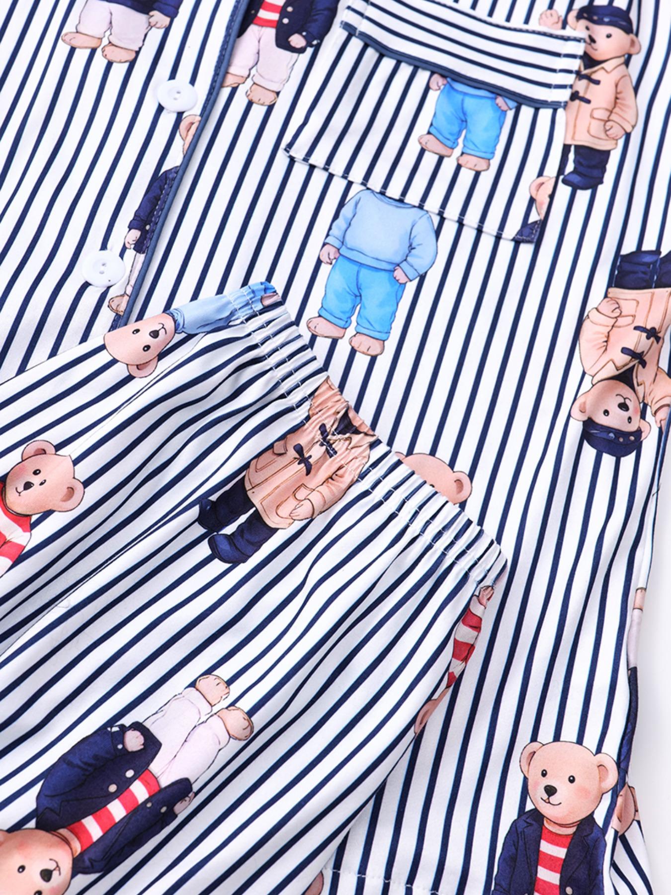 Women's Fall Winter Pajama Set, Cute Bear Print, Comfortable Lapel Top & Elastic Pants, Casual Homewear, Ladies Sleepwear Series