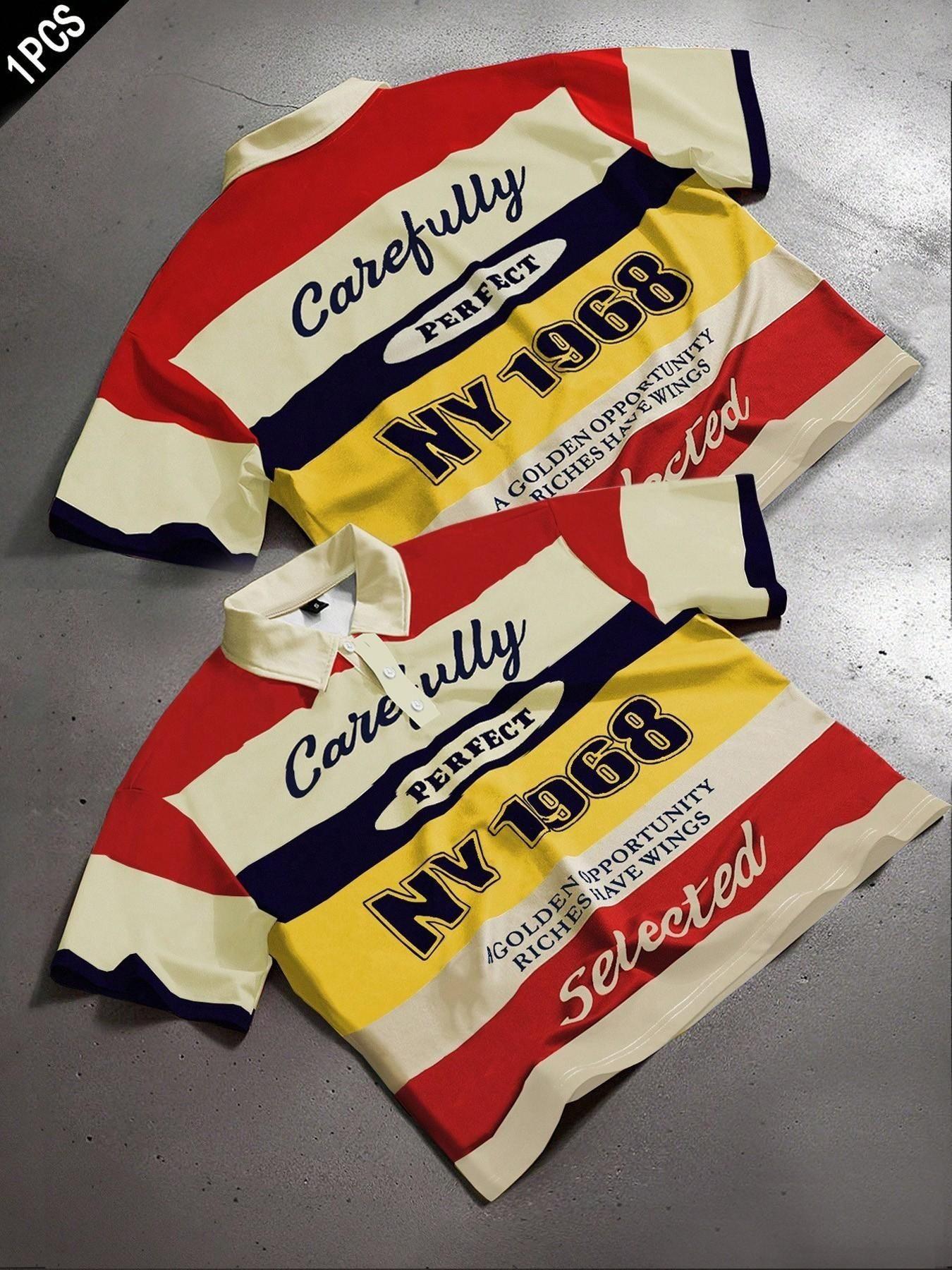American Vintage College Style Ny1968 Striped All Over Print Polo Shirt, Colorblock Short Sleeve, Loose Fit Unisex Top, Casual Fashion Apparel, Menswear