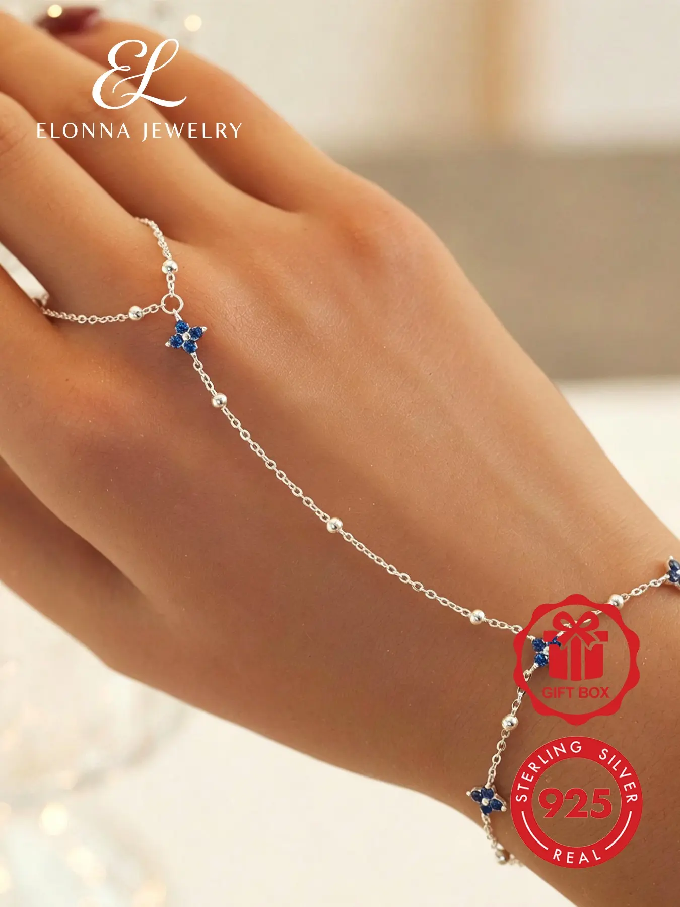 925 Silver Color Ring and Finger Bracelet, Unique Simple Design with Four-Leaf Flower and Imitation Zircon, Stylish Fashion Accessory