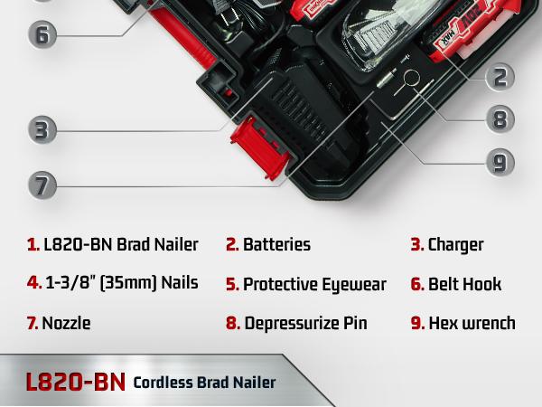 LINKNAL Electric Nail Gun, Cordless Brad Nailer, 18 Gauge, 2×20V Li-ion Batteries, Charger & 1000 Nails Included (L820-BN) - Tool Cordless Heavy Duty