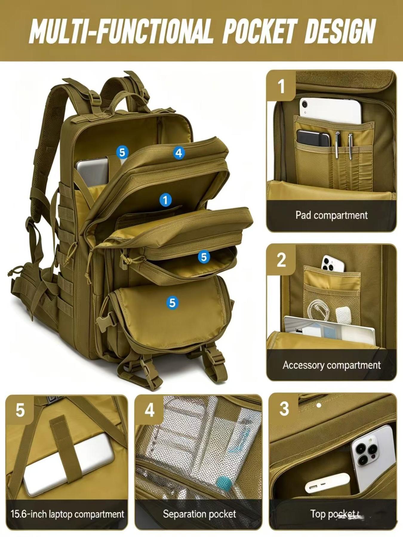 45L Large Capacity Molle Tactical Backpack, Waterproof Durable Outdoor Travel Bag, 15.6 Inch Laptop Compartment, Ergonomic Load Relief