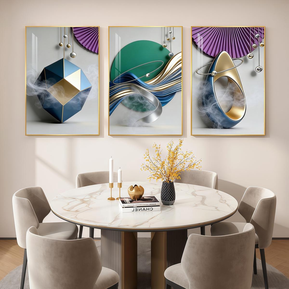 3 Counts Aluminum Alloy Framed Painting, Geometric Abstract Metallic Shapes And Smoke Art Pictures, Home Decoration For Living Room, Bedroom, Office, Restaurant, Hallway Wall Decor, Odorless Print Artwork, Luxury Perfect Gift For Friends And Family