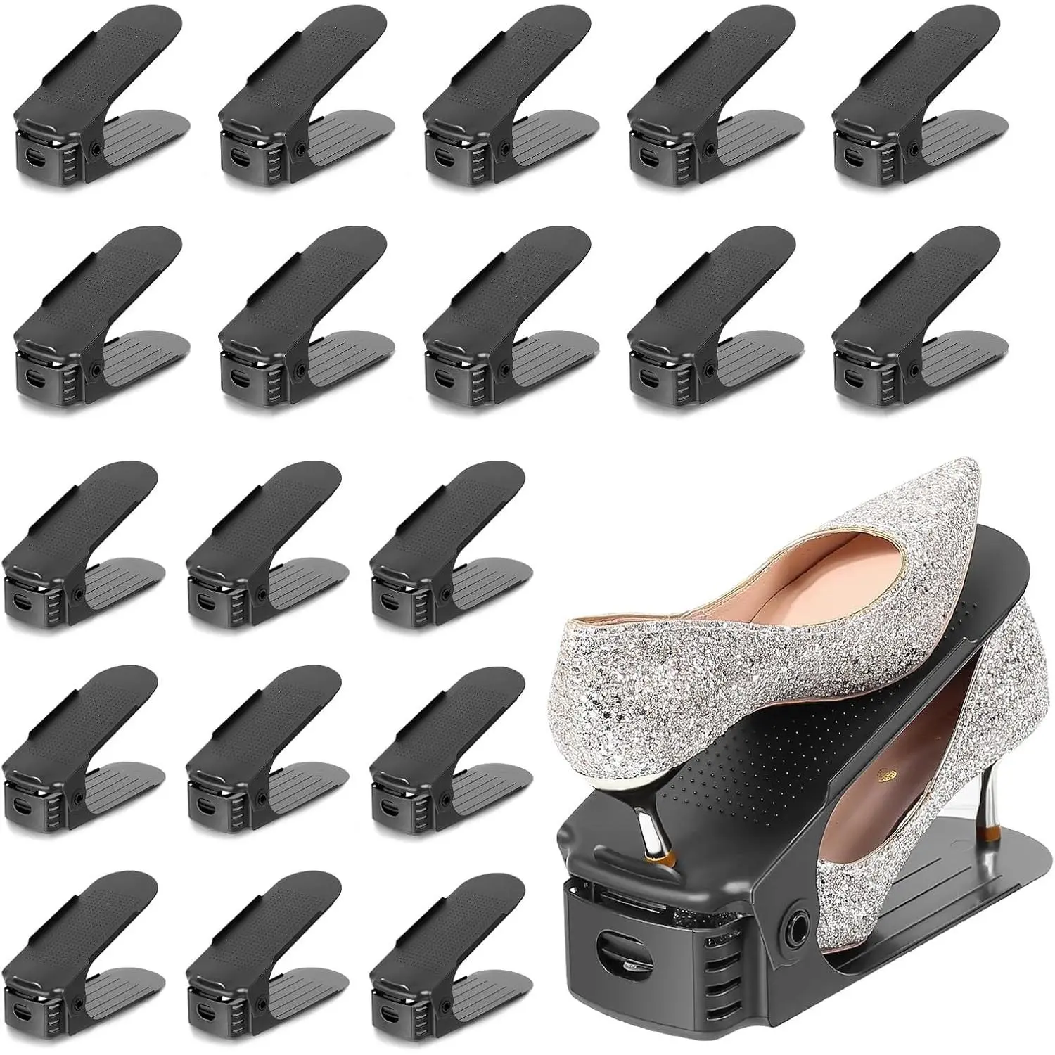 20 Pack Shoe Slots Organizer Shoe Stacker for a Pair of Shoes 4 Levels Adjustable 50% Shoe Space Saver Double Layer Shoe Rack Organizer for Closet (Black)
