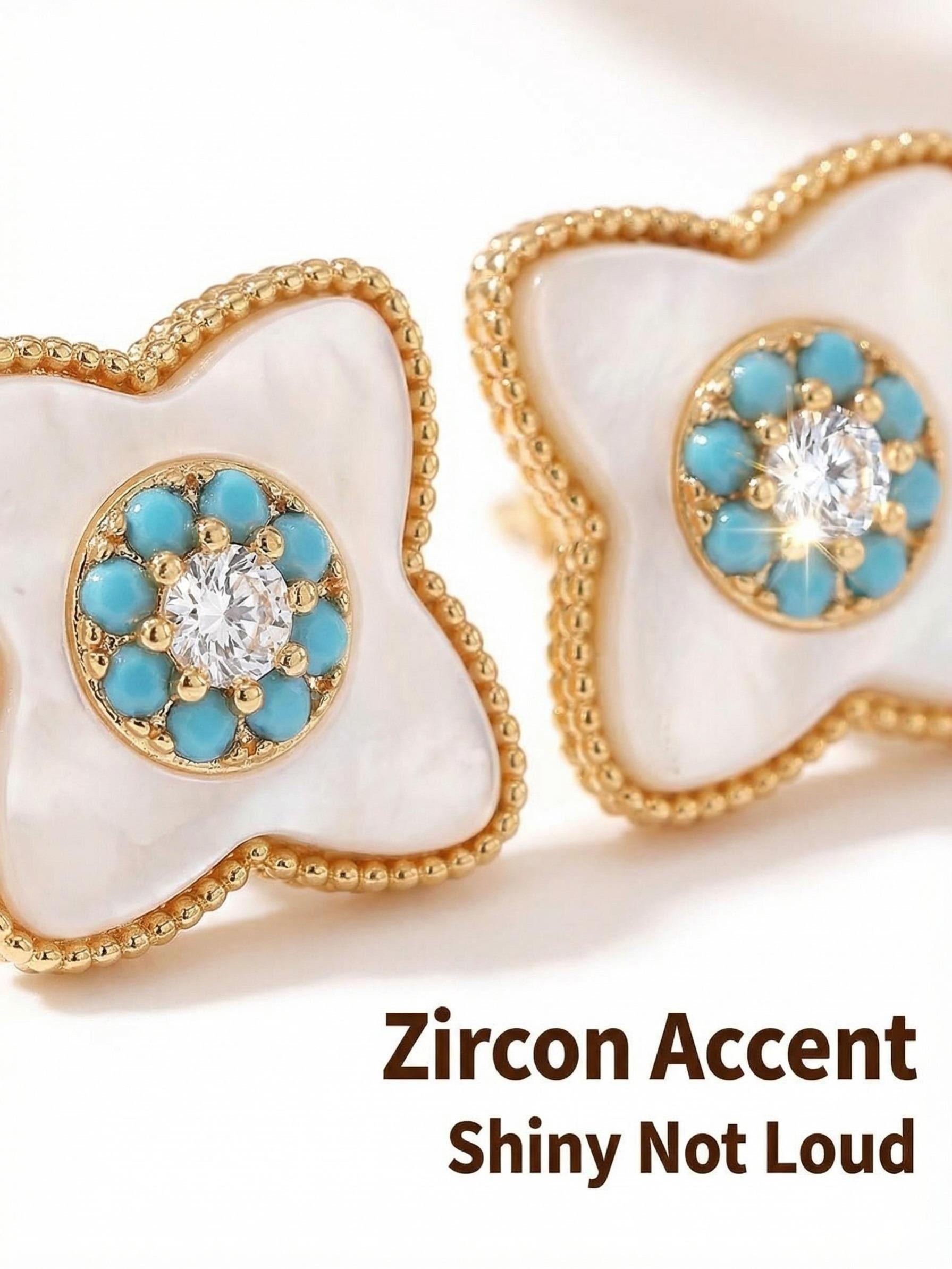 Vintage Clover Mother-Of-Pearl Turquoise Zircon Earrings, Elegant Lightweight Everyday Commuter Jewelry, Versatile Fashion Accessory