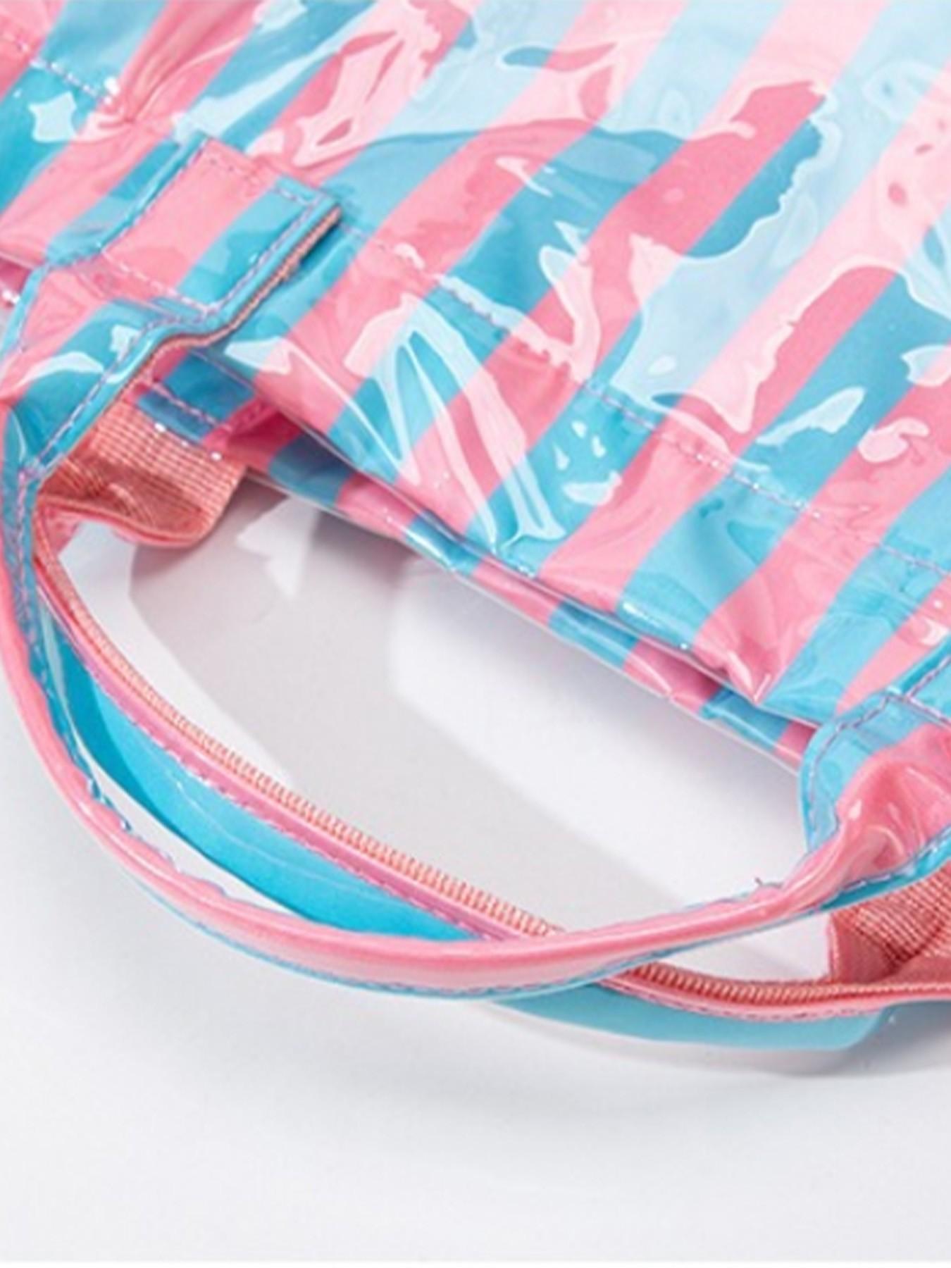 2026 New Striped Handbag Tote Bag, Large Capacity Shopping Bag, PVC Waterproof Fabric, Velcro Closure, Ideal for Daily Commute, Beach Vacation, Travel