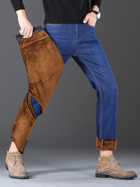 Men's Fleece Lined Thick Denim Jeans, Loose Straight Leg Elastic Big Size Business Casual Pants for Fall Winter, Comfortable & Stylish