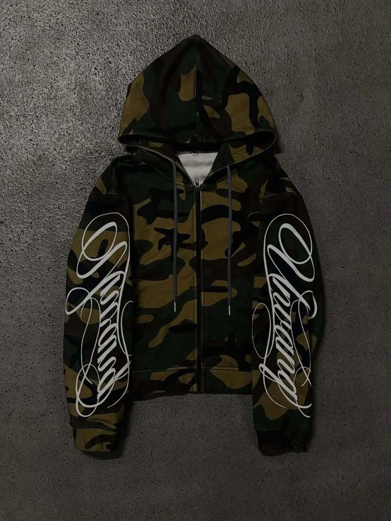 American Camouflage Letter Zipper Sweatshirt, Dual-Sided Large Cursive Print, Military Camo Open Front Hoodie, Fall & Winter Street Style