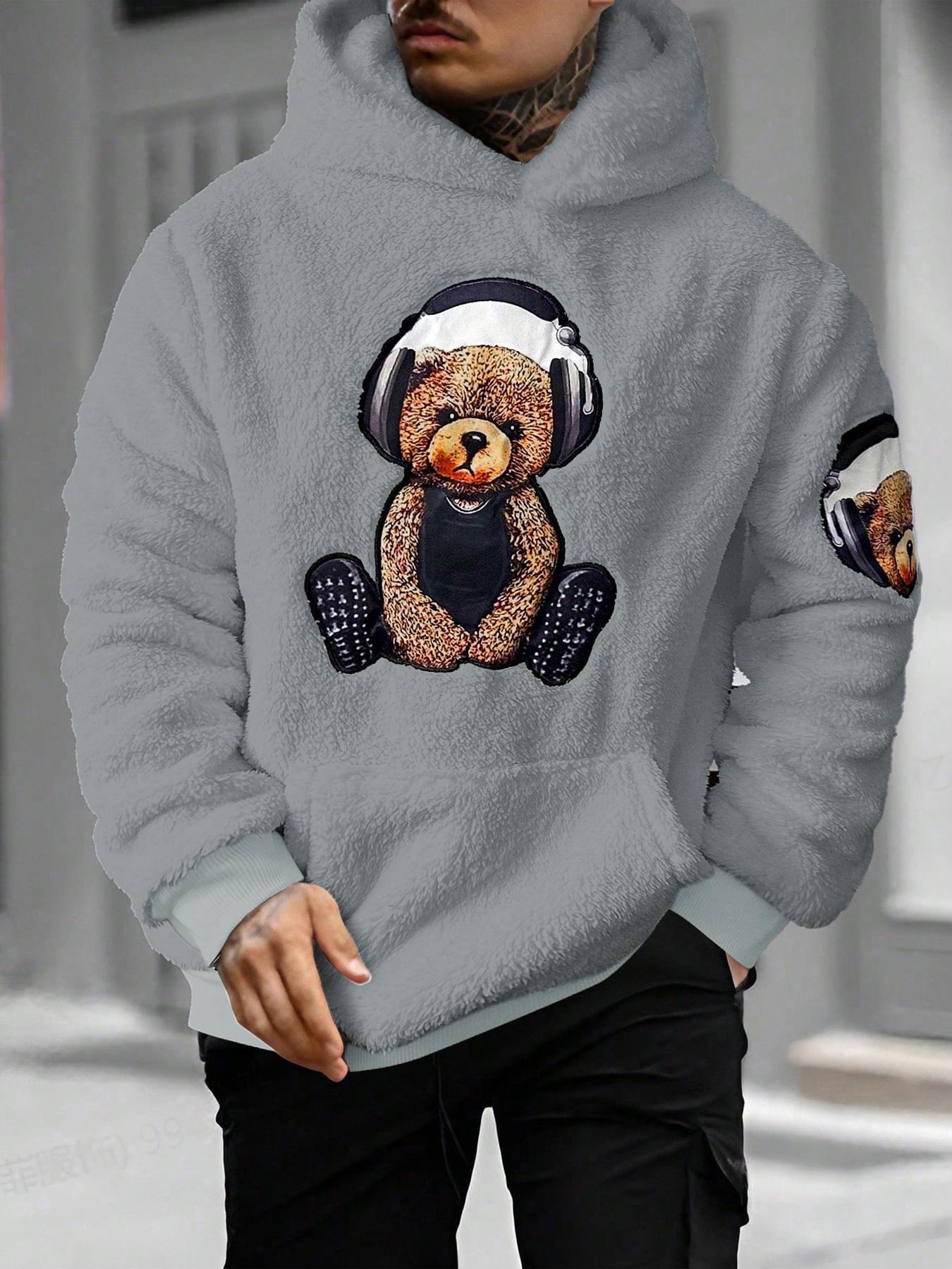 Men's Cartoon Bear Embroidery Pocket Fuzzy Knitted Hoodie, Fitted Casual Long Sleeve Hooded Sweatshirt for Fall & Winter, Men's Clothes for Daily Wear