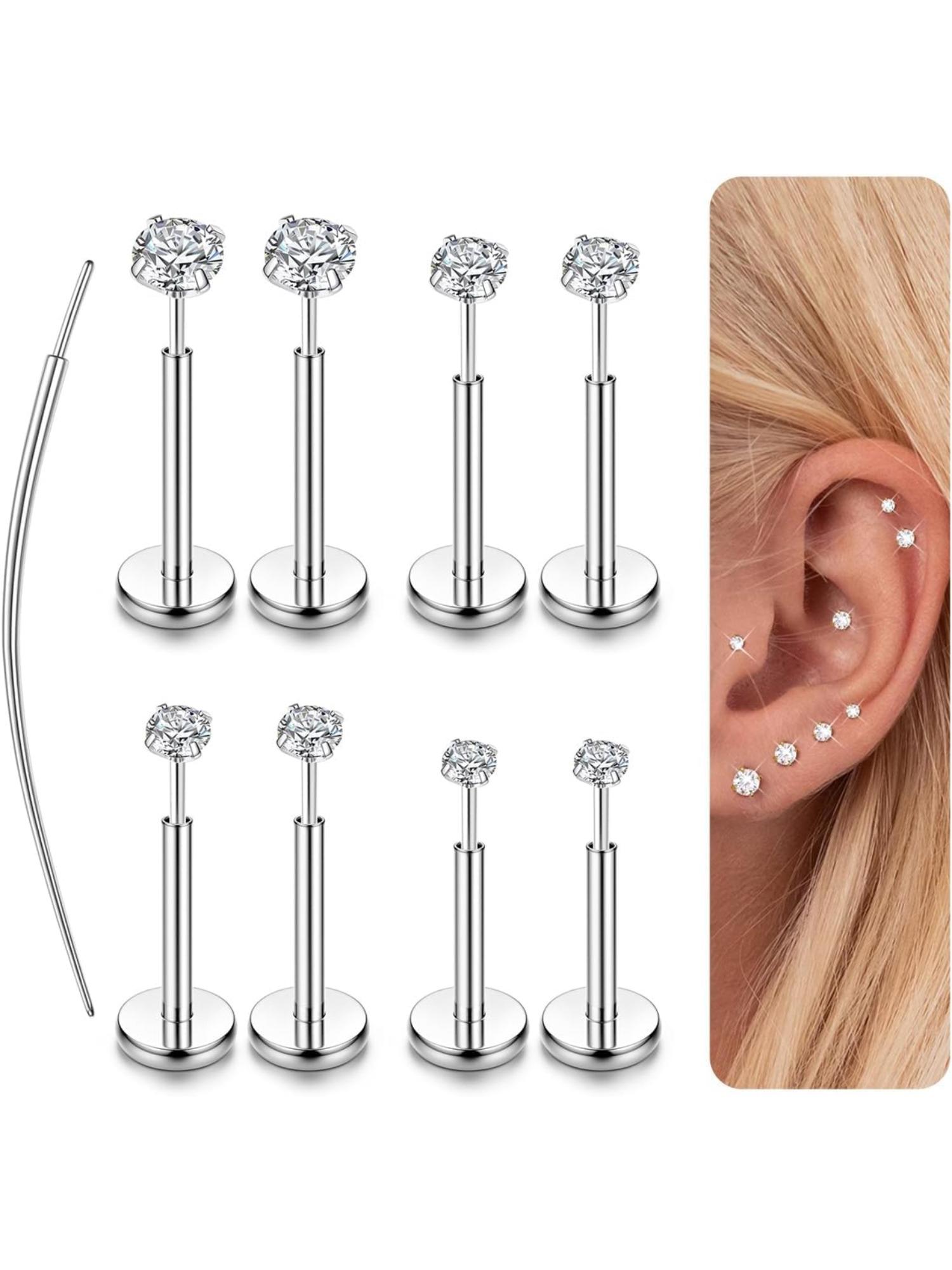 9 Pcs Threadless Nose Studs CZ Nose Rings for Women Men Surgical Steel Labret Studs Lip Rings Push in Flat Back Stud Earrings CZ Nose Nostril Tragus Helix Piercing Jewelry