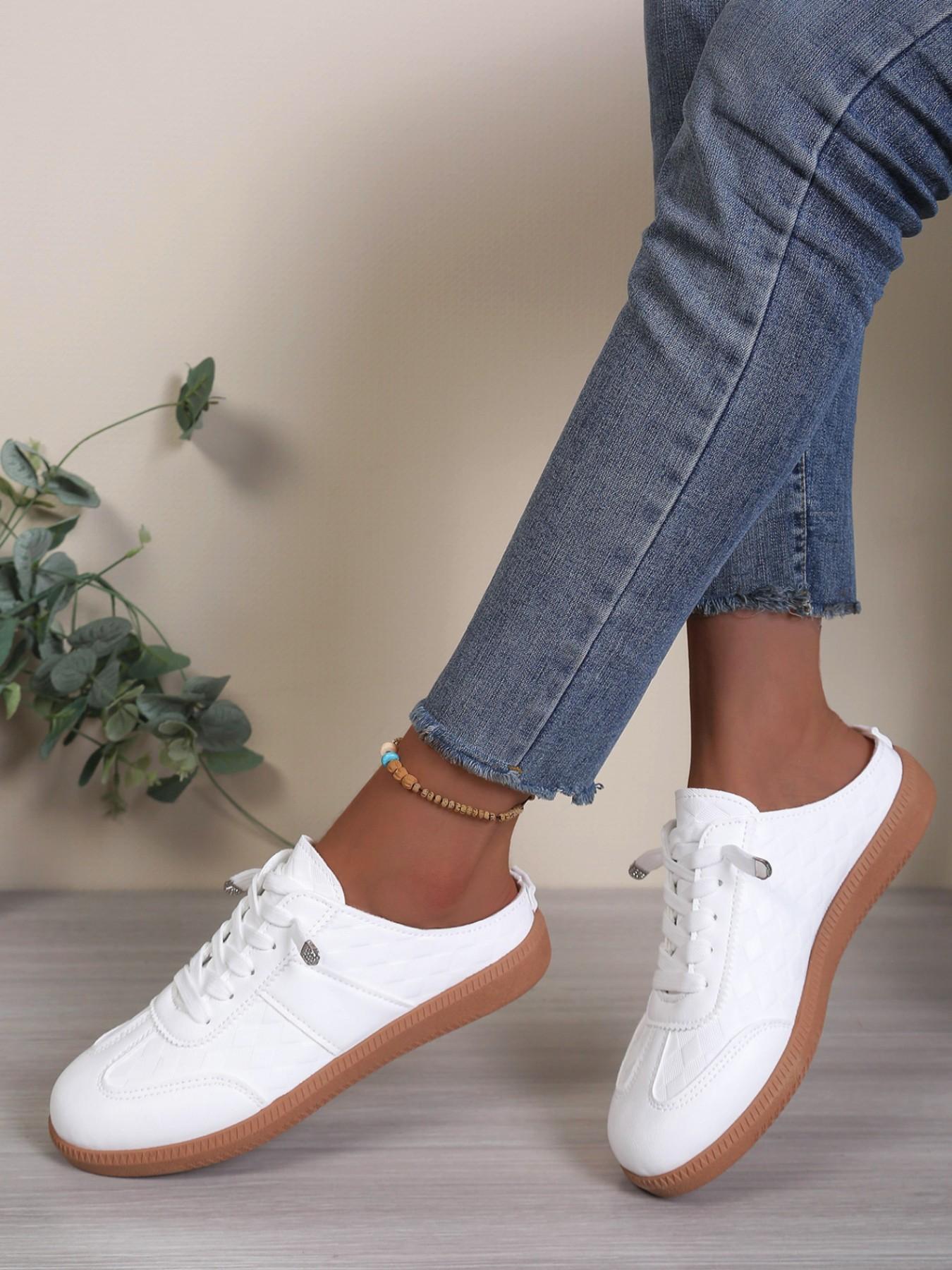 Women's 2026 Summer Vacation Essential Quilted Lace-Up Open Back Mule Sneakers, Slip-On Casual Footwear for Beach Strolls, Poolside & Everyday Summer Days, Rubber
