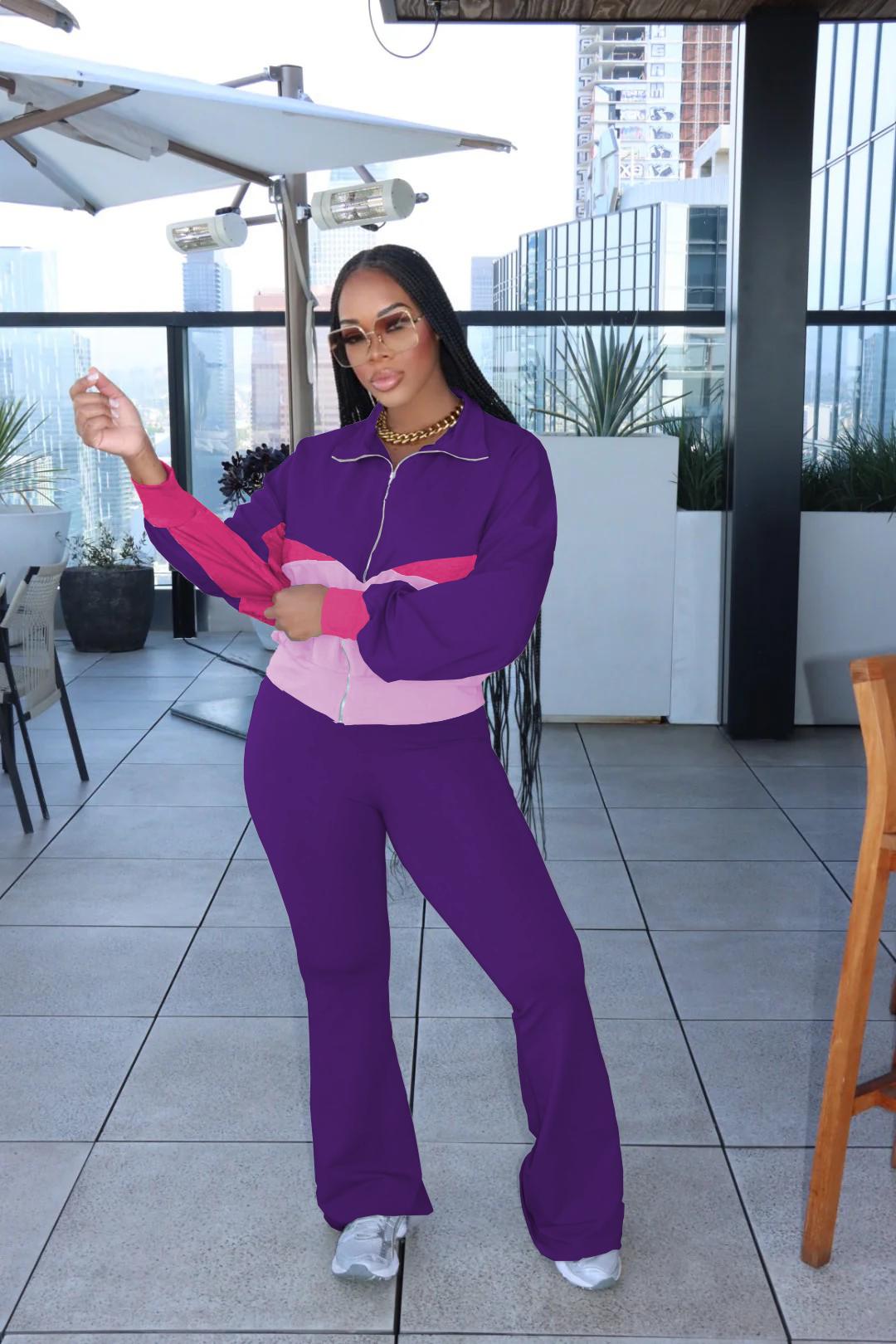 USBOUTIQUECHIC Chic Color-Contrast Zip-Front Top & Lounge Pants - Fashionable Casual Wear, Cozy Fall Matching Outfit 2-piece set woman - Clothes