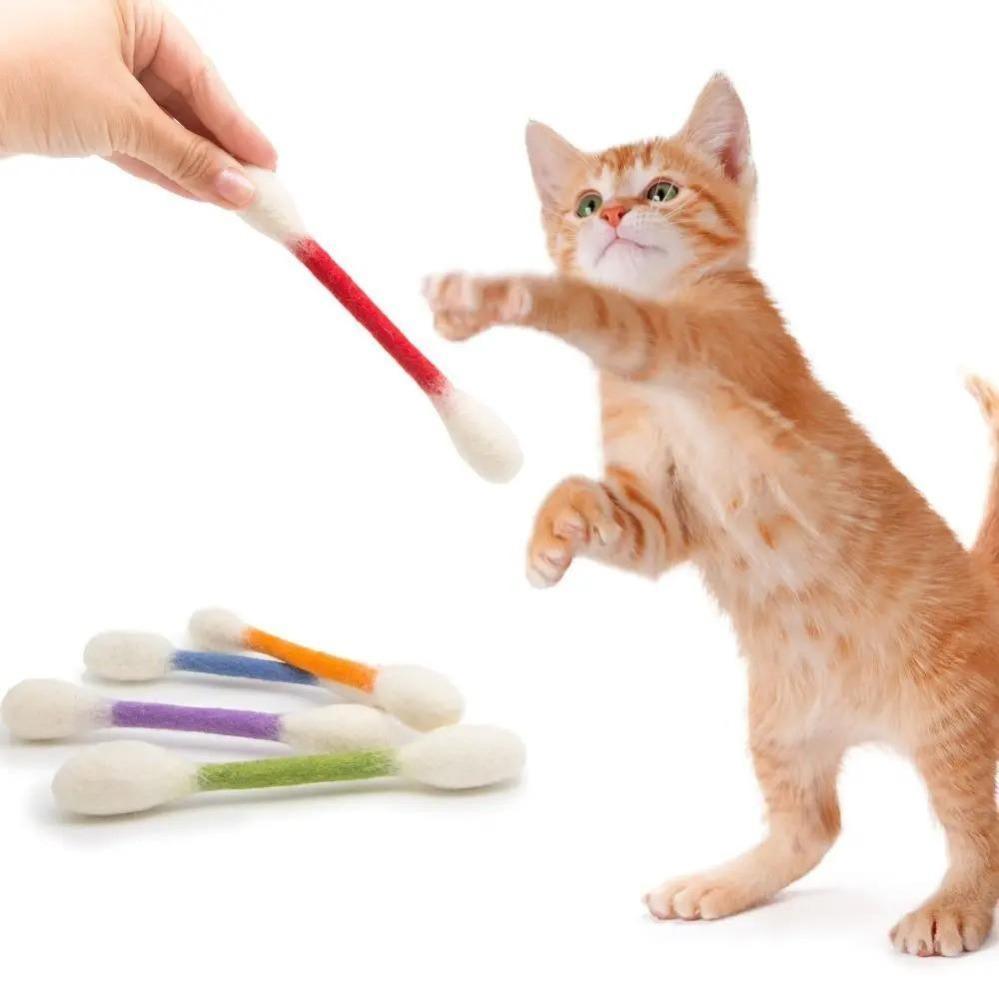 【Summervibes】6 Pack Giant Q-tip Shaped Cat Toys, Soft Felt Cotton Swab Teething Sticks, Durable Interactive Indoor Kitten Chew Toys, Anxiety Relief Boredom Relief Pet Accessories, Dental Cleaning Play Gifts for Daily Cat Entertainment